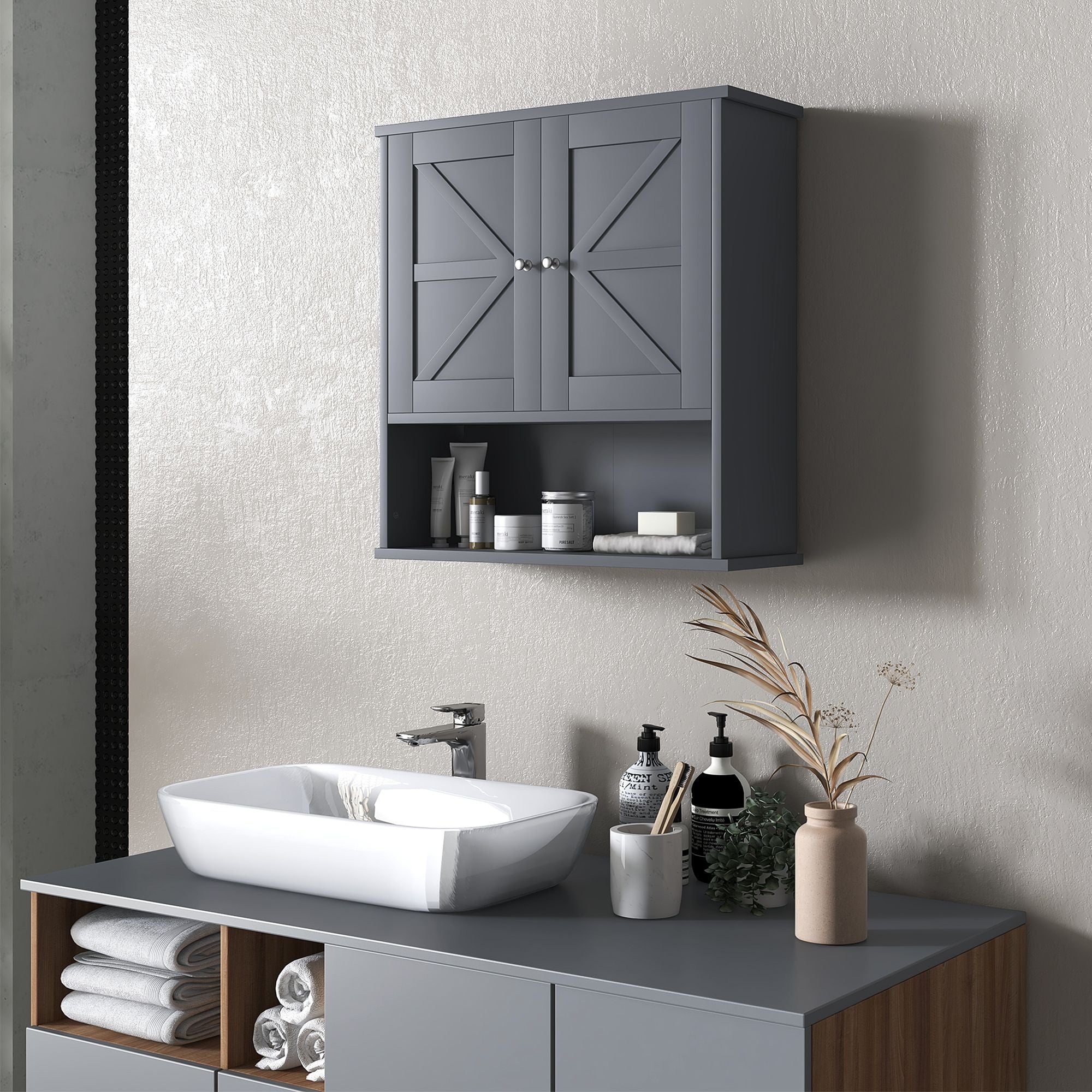 HOMCOM Farmhouse Wall-Mounted Bathroom Medicine Cabinet, Gray