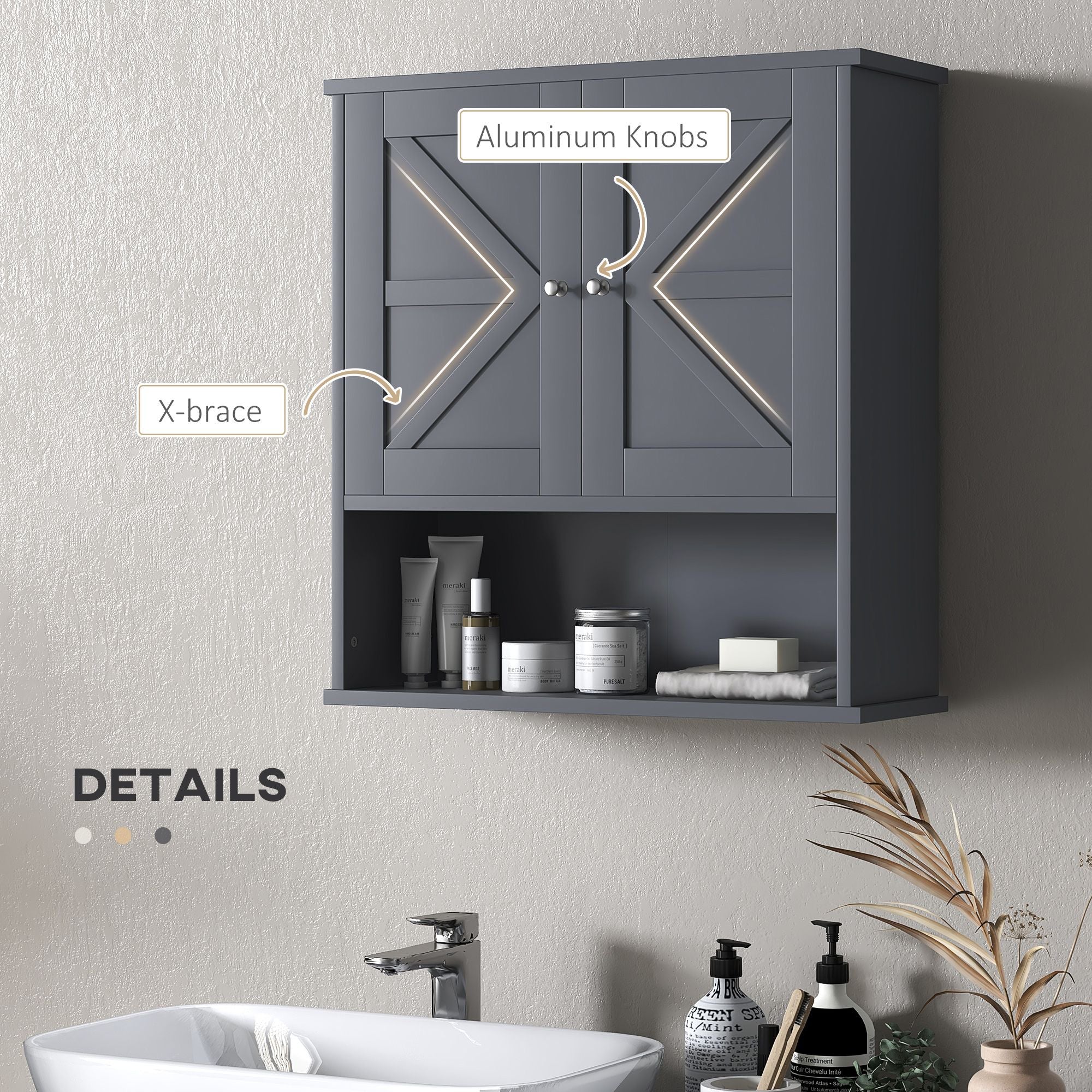 HOMCOM Farmhouse Wall-Mounted Bathroom Medicine Cabinet, Gray