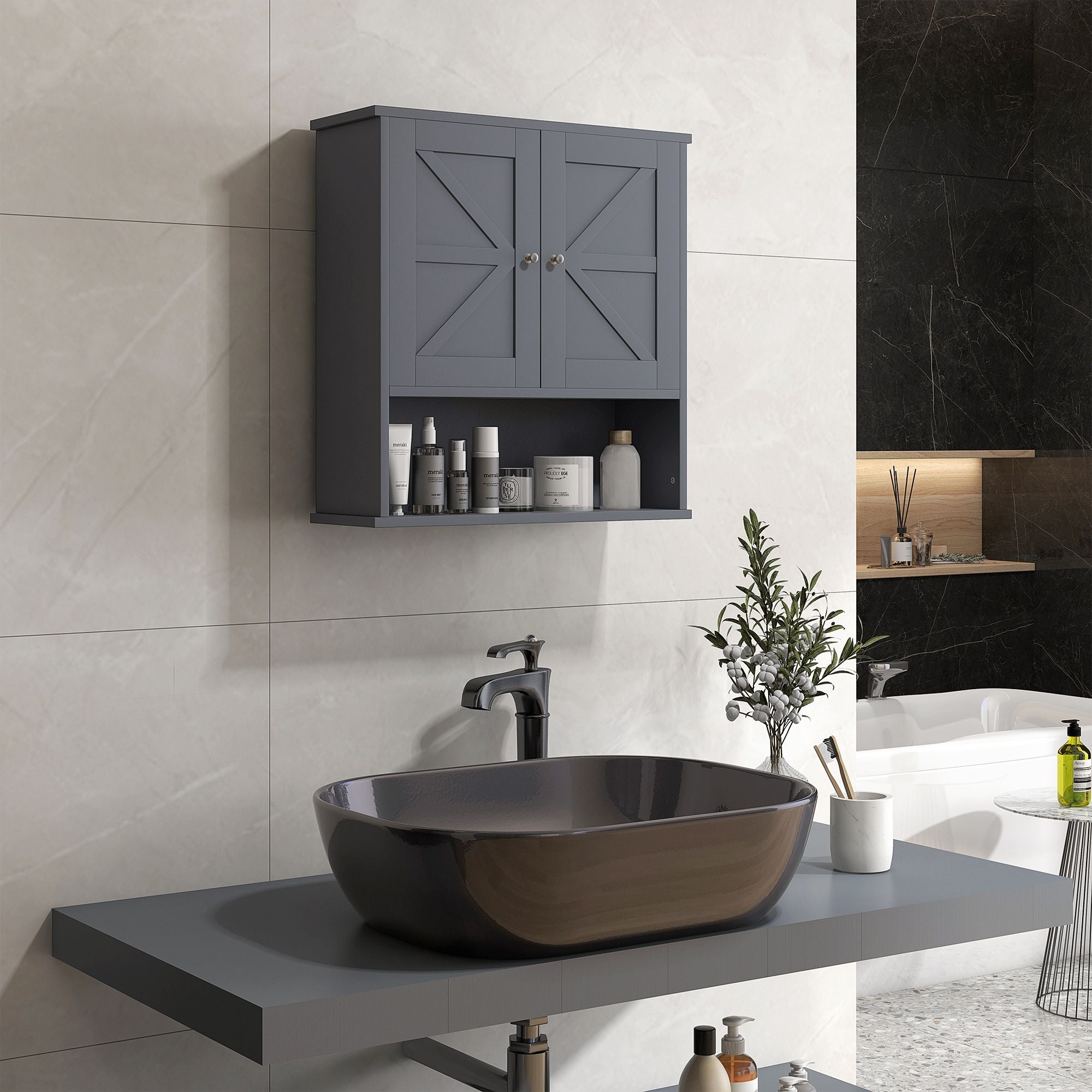 HOMCOM Farmhouse Wall-Mounted Bathroom Medicine Cabinet, Gray