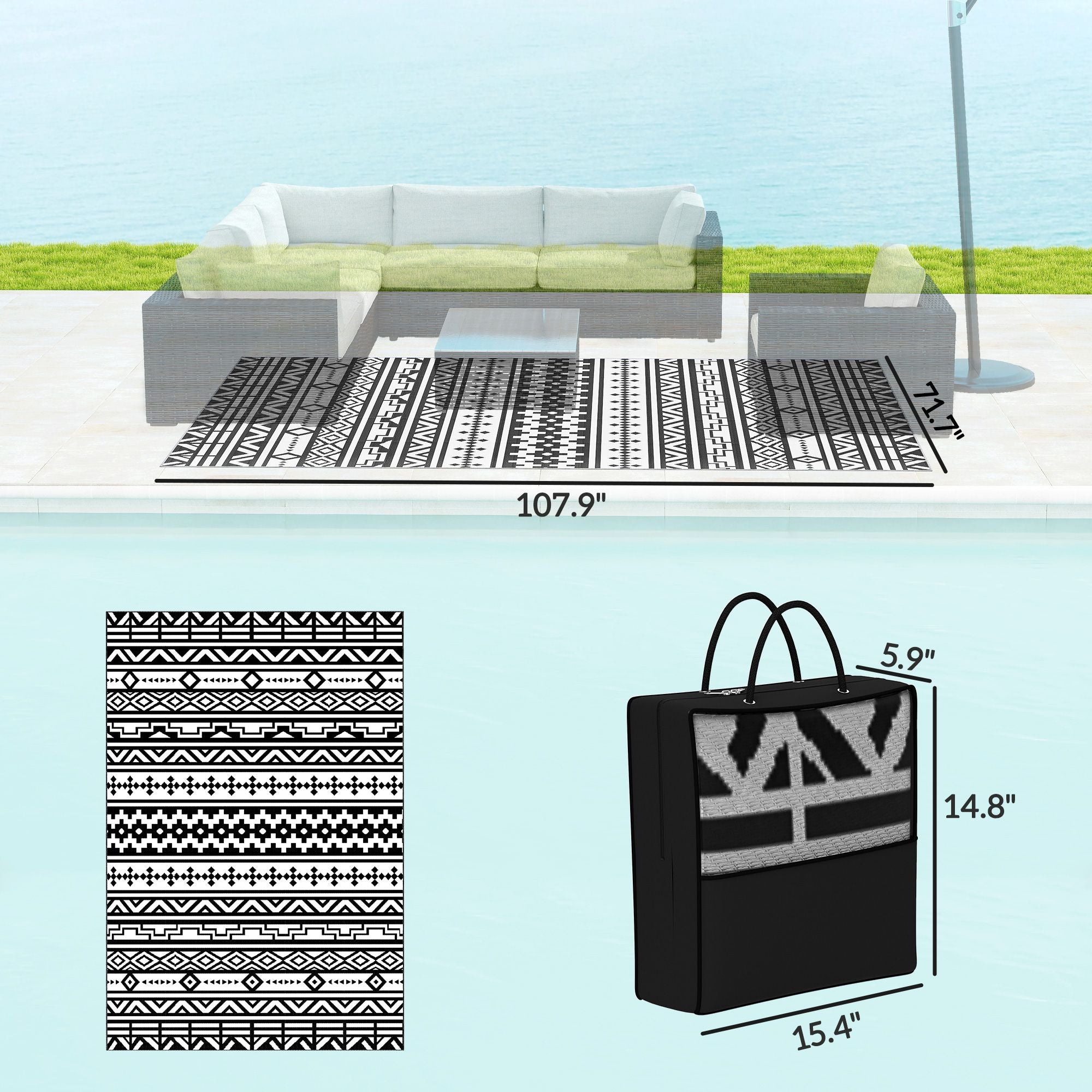 Outsunny 6 x 9 ft Reversible Waterproof Outdoor Rug, Black & White