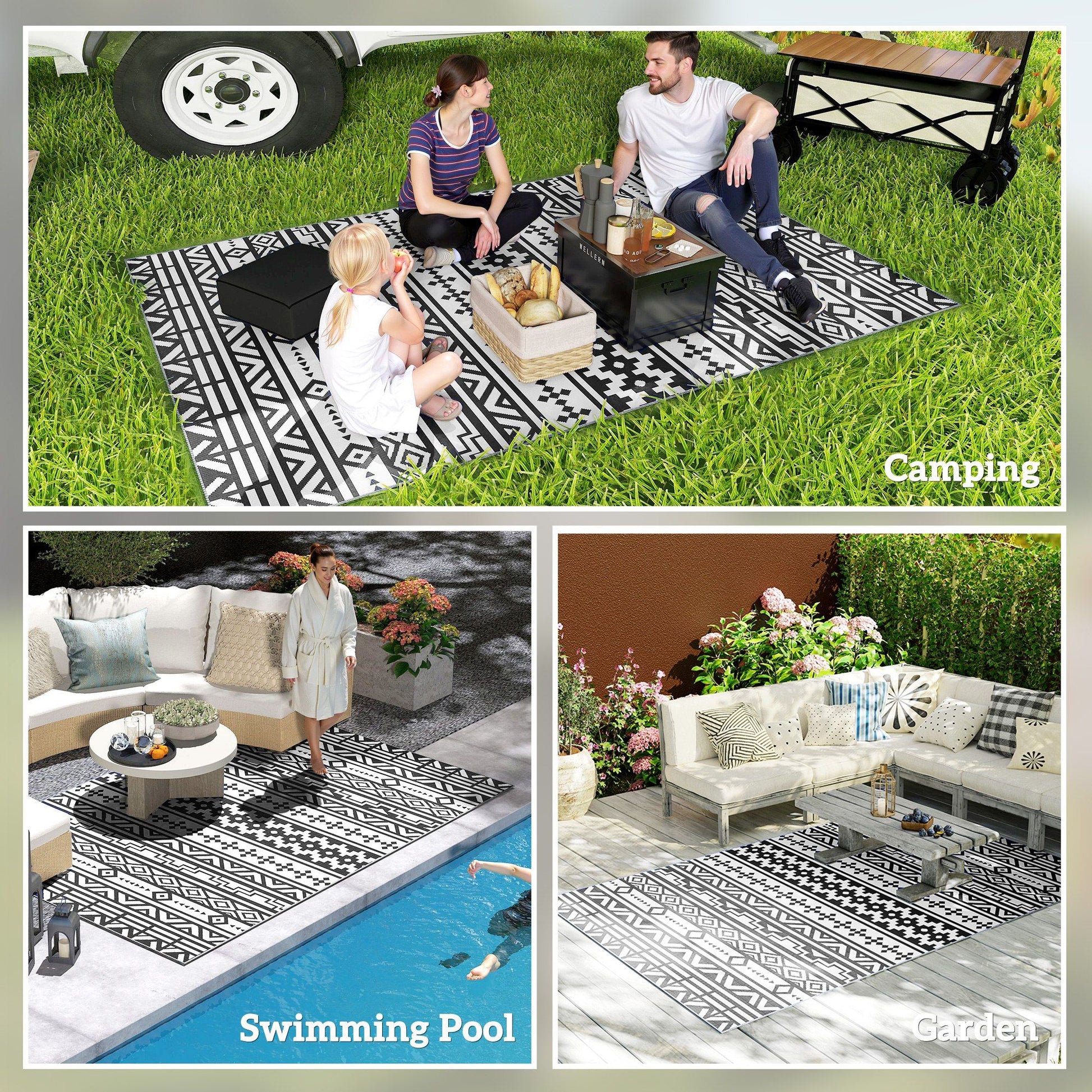 Outsunny 6 x 9 ft Reversible Waterproof Outdoor Rug, Black & White