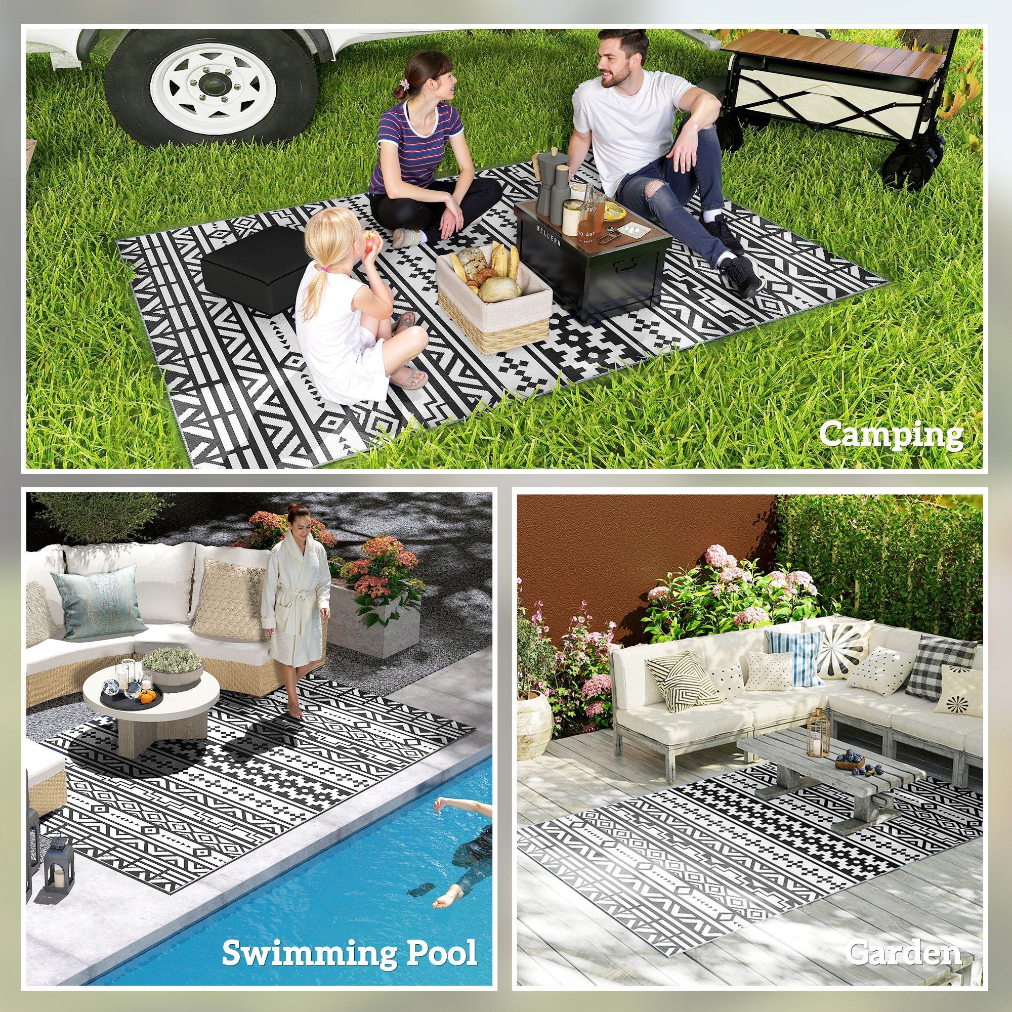Outsunny 6 x 9 ft Reversible Waterproof Outdoor Rug, Black & White