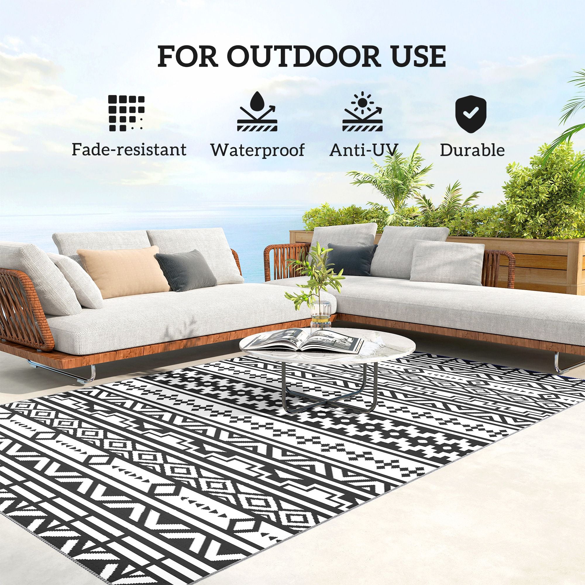 Outsunny 6 x 9 ft Reversible Waterproof Outdoor Rug, Black & White