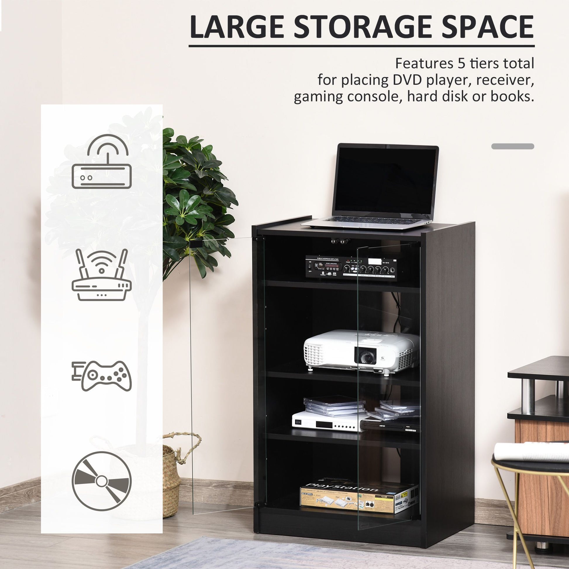 HOMCOM 5-Tier Media Cabinet with Tempered Glass Door, Black - product view 5