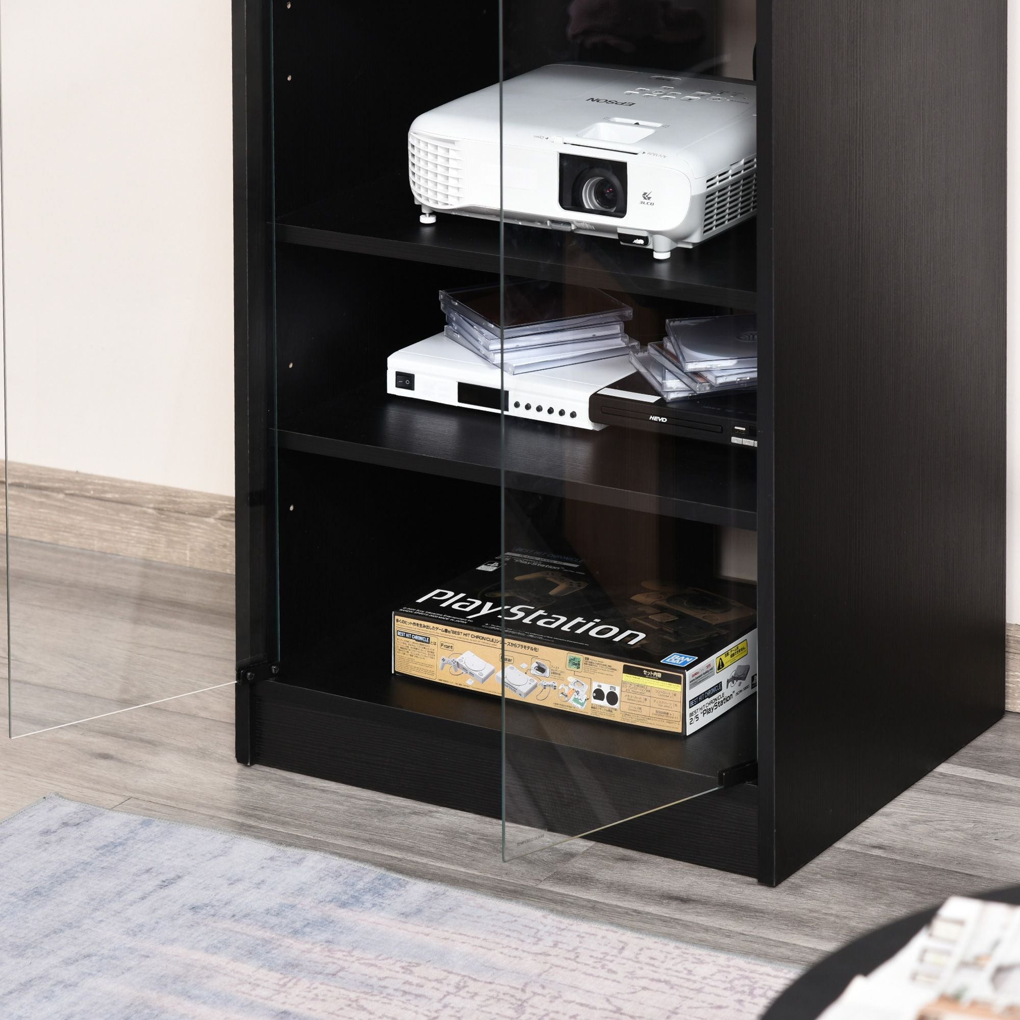 HOMCOM 5-Tier Media Cabinet with Tempered Glass Door, Black - product view 8