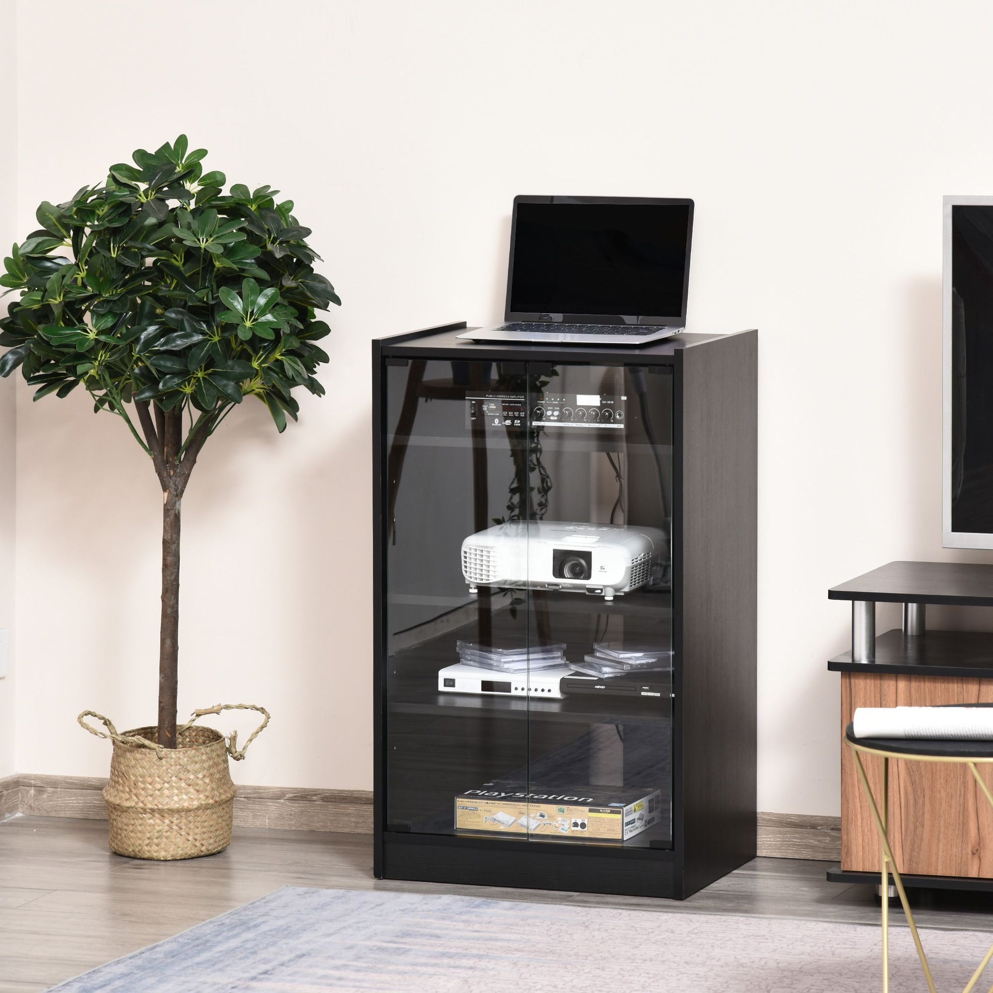 HOMCOM 5-Tier Media Cabinet with Tempered Glass Door, Black - product view 2