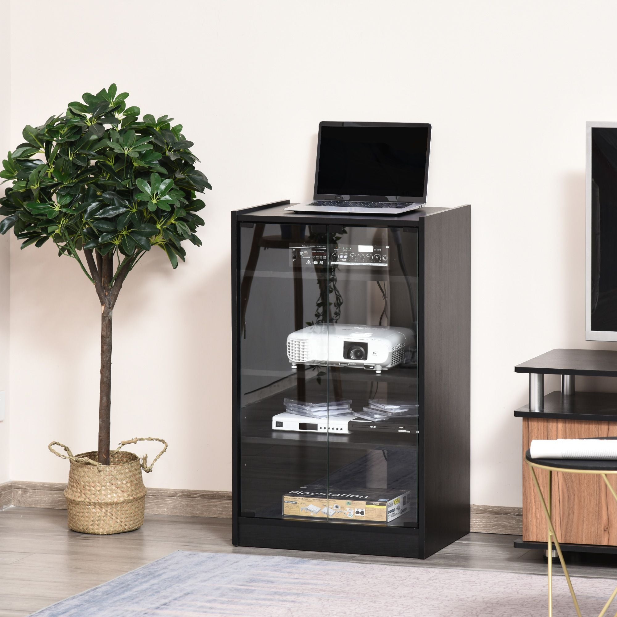 HOMCOM 5-Tier Media Cabinet with Tempered Glass Door, Black - product view 2