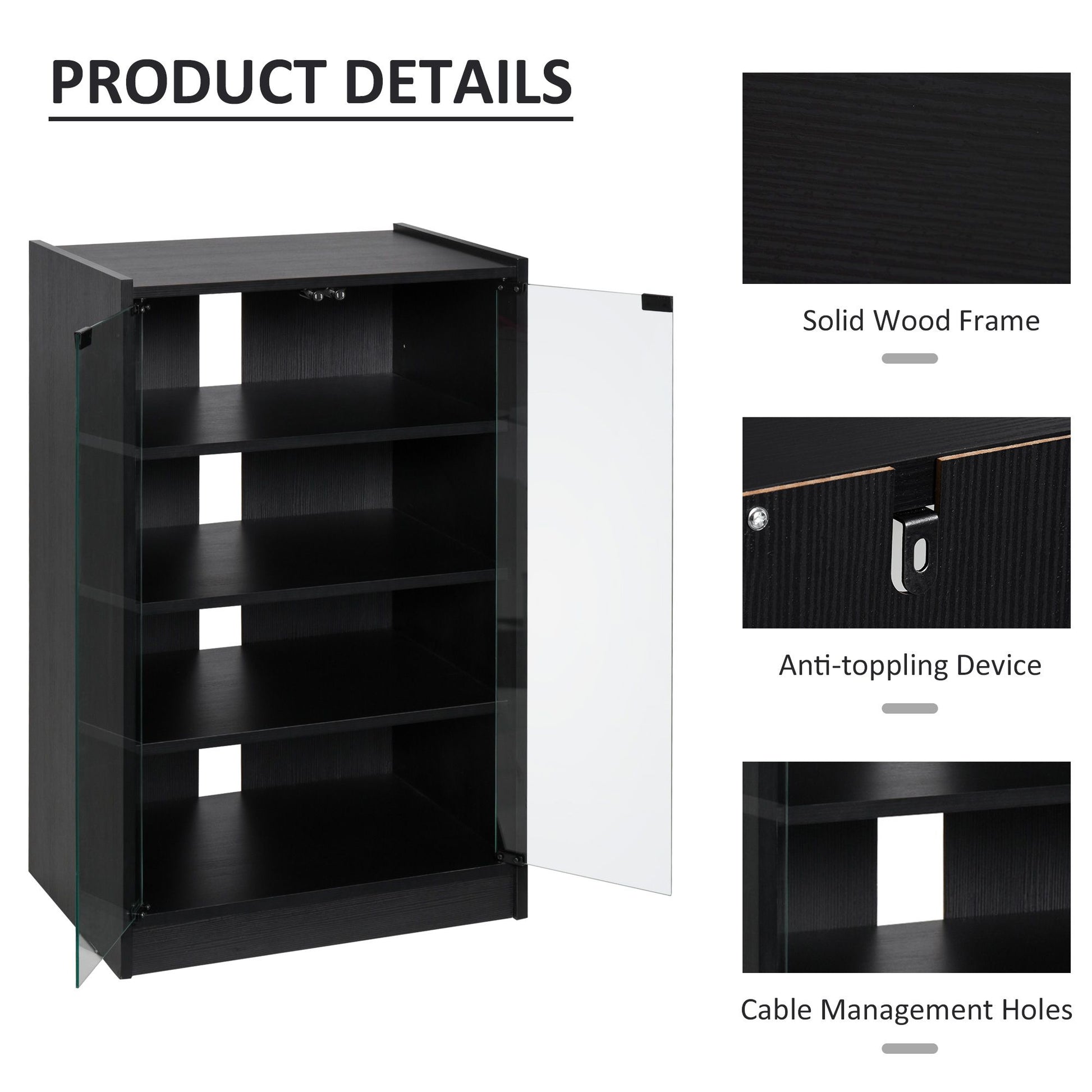 HOMCOM 5-Tier Media Cabinet with Tempered Glass Door, Black - product view 6