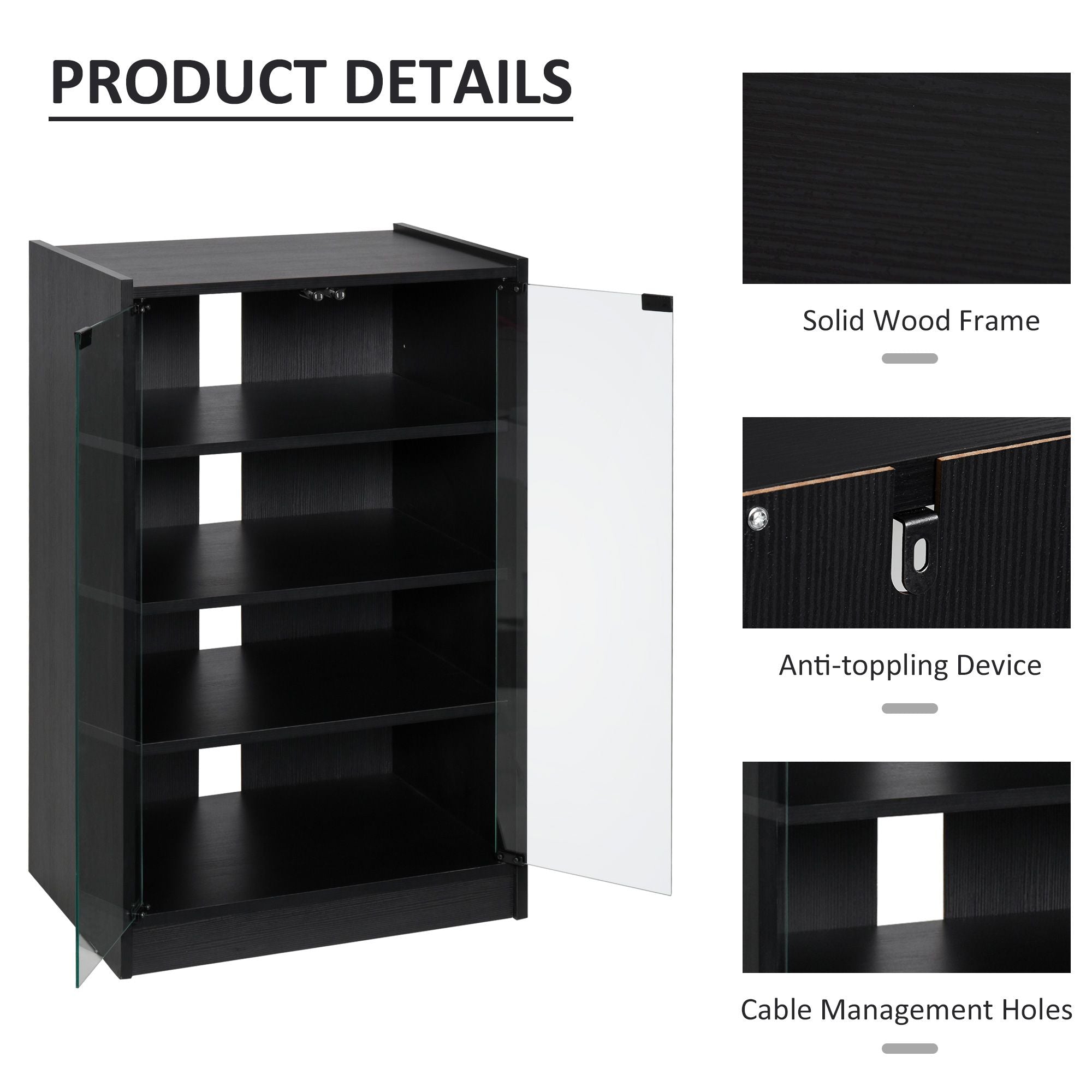 HOMCOM 5-Tier Media Cabinet with Tempered Glass Door, Black - product view 6