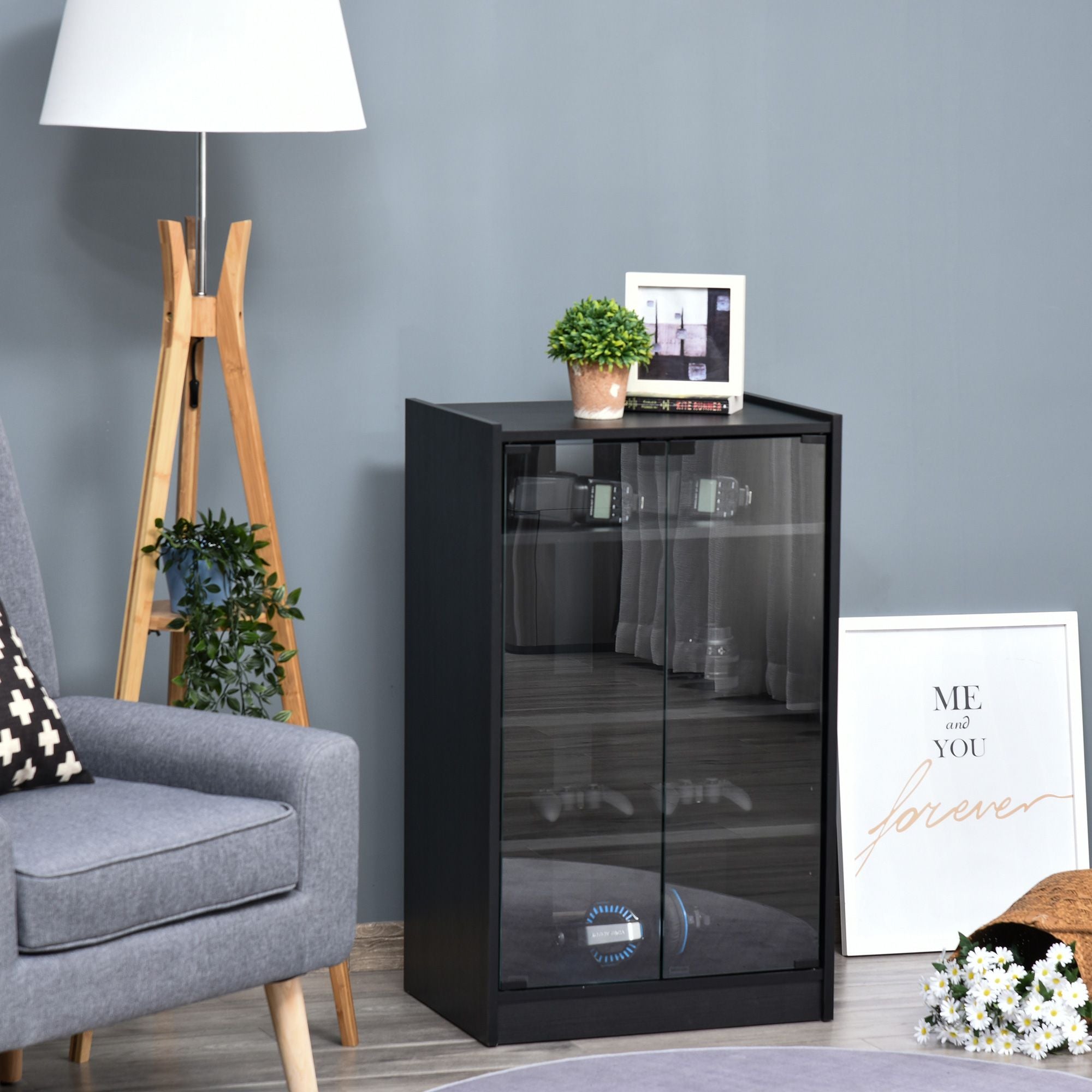 HOMCOM 5-Tier Media Cabinet with Tempered Glass Door, Black - product view 10