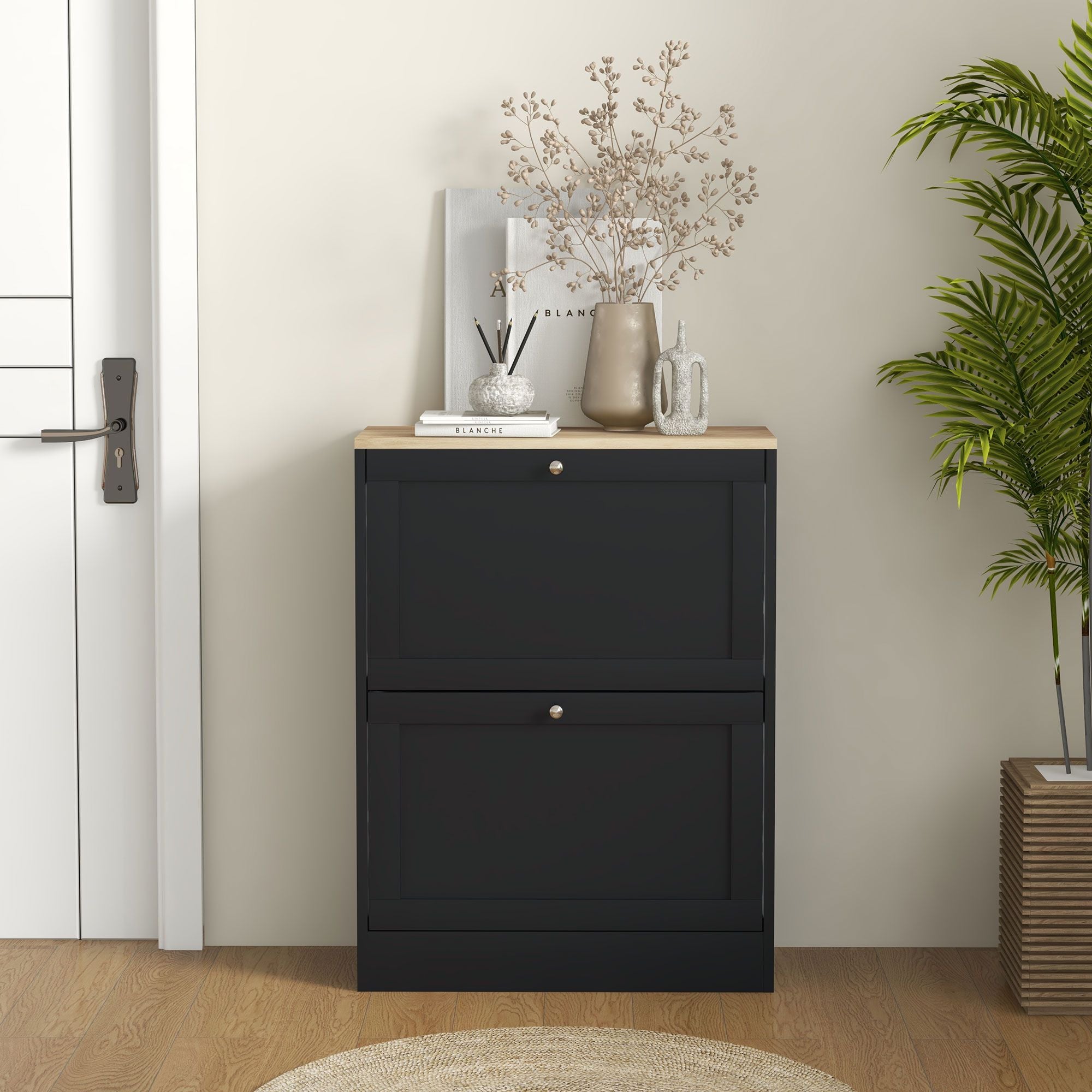 HOMCOM Slim Shoe Cabinet with 2 Flip Drawers, Black & Light Oak