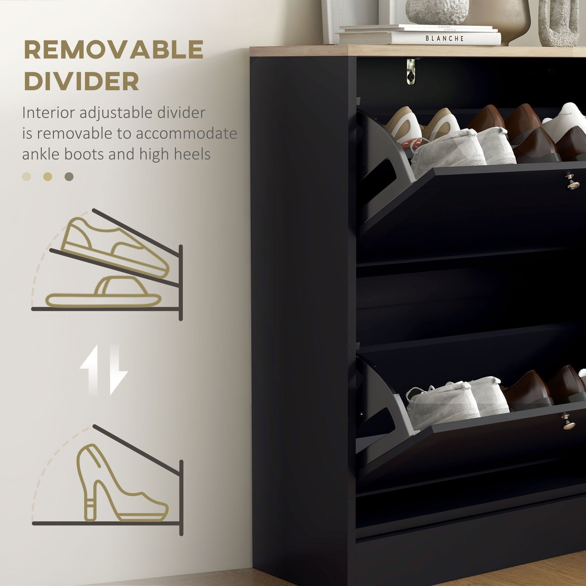HOMCOM Slim Shoe Cabinet with 2 Flip Drawers, Black & Light Oak