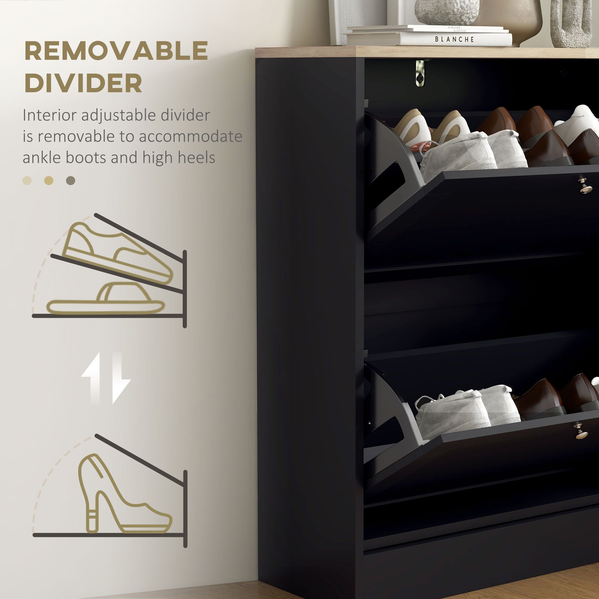 HOMCOM Slim Shoe Cabinet with 2 Flip Drawers, Black & Light Oak