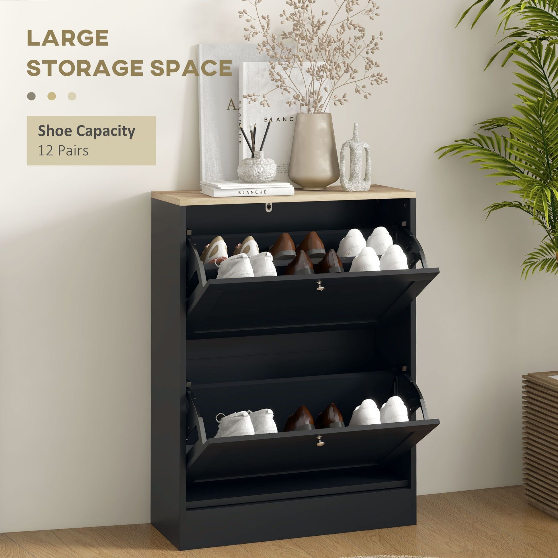 HOMCOM Slim Shoe Cabinet with 2 Flip Drawers, Black & Light Oak