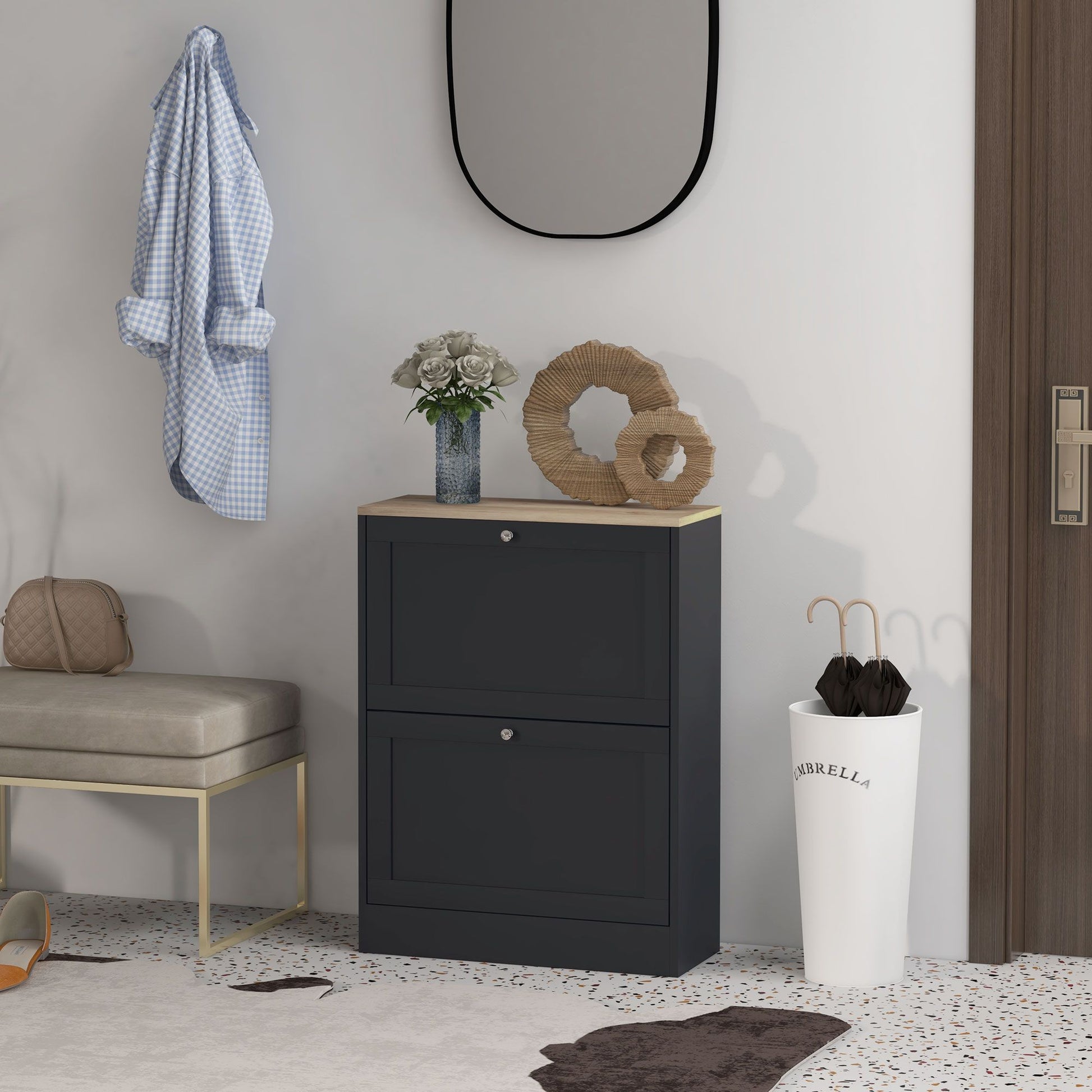 HOMCOM Slim Shoe Cabinet with 2 Flip Drawers, Black & Light Oak