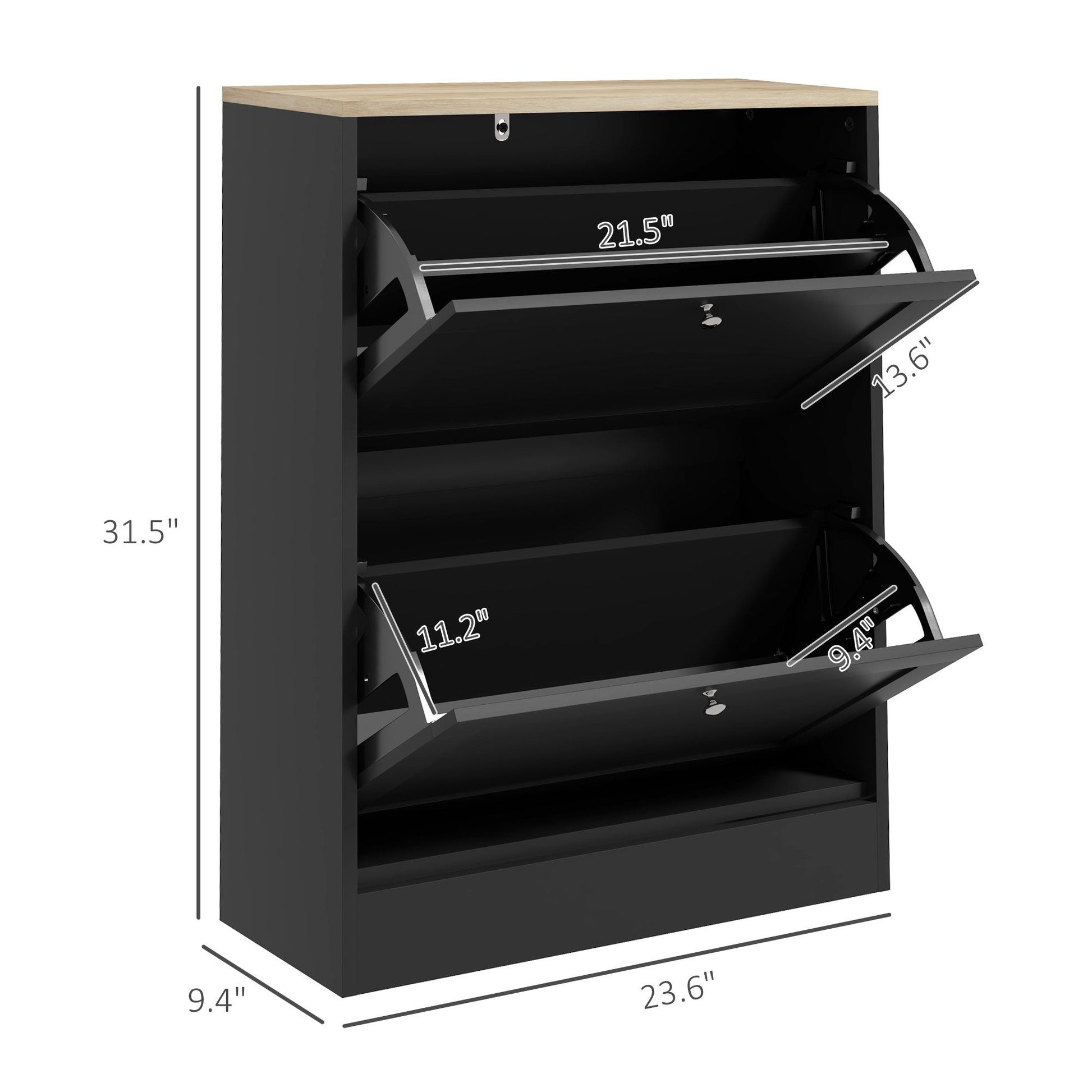 HOMCOM Slim Shoe Cabinet with 2 Flip Drawers, Black & Light Oak