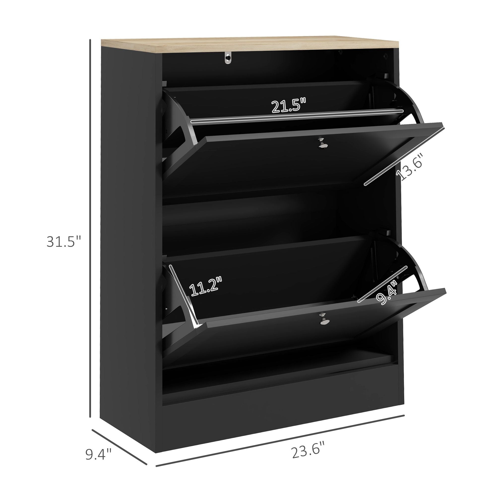 HOMCOM Slim Shoe Cabinet with 2 Flip Drawers, Black & Light Oak