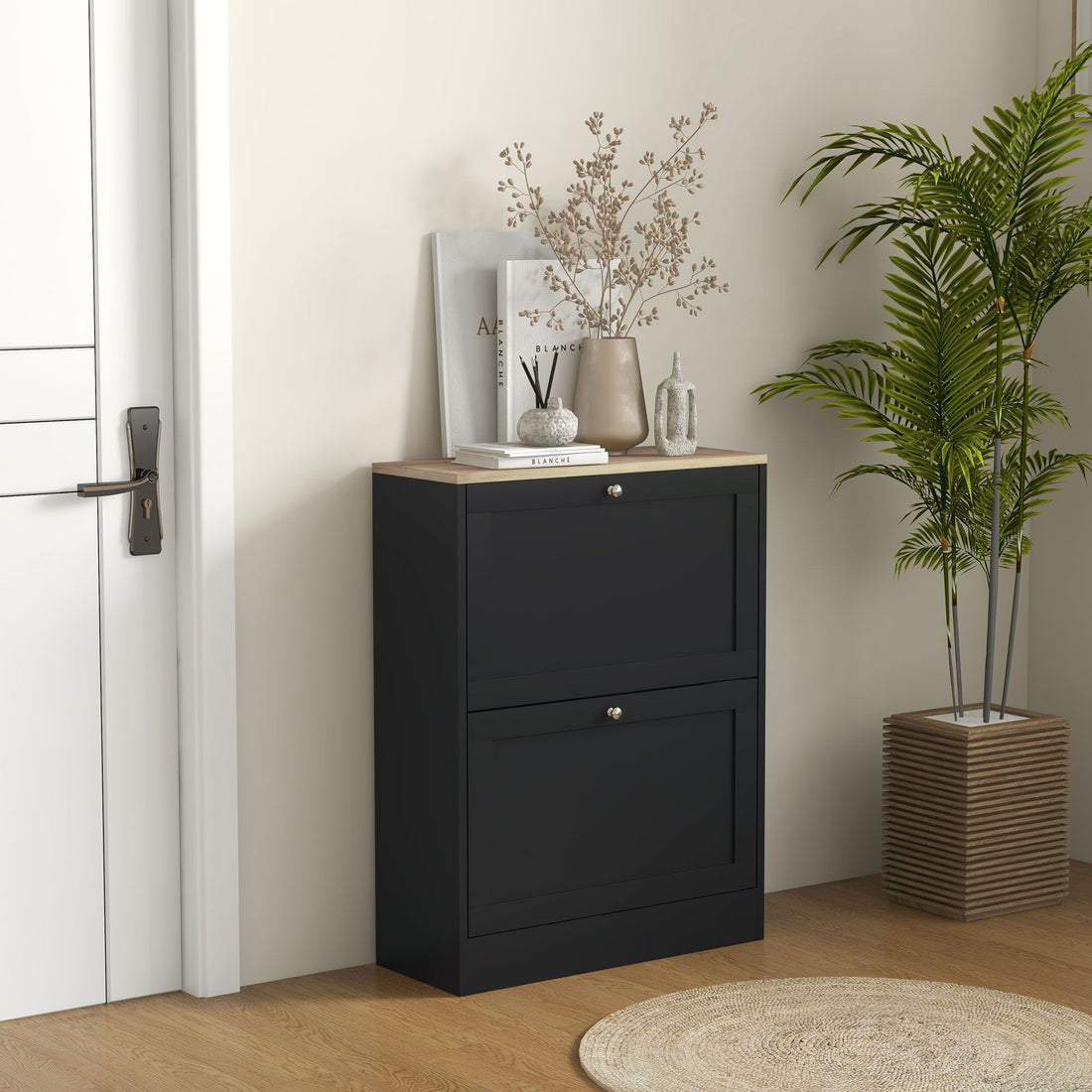 HOMCOM Slim Shoe Cabinet with 2 Flip Drawers, Black & Light Oak