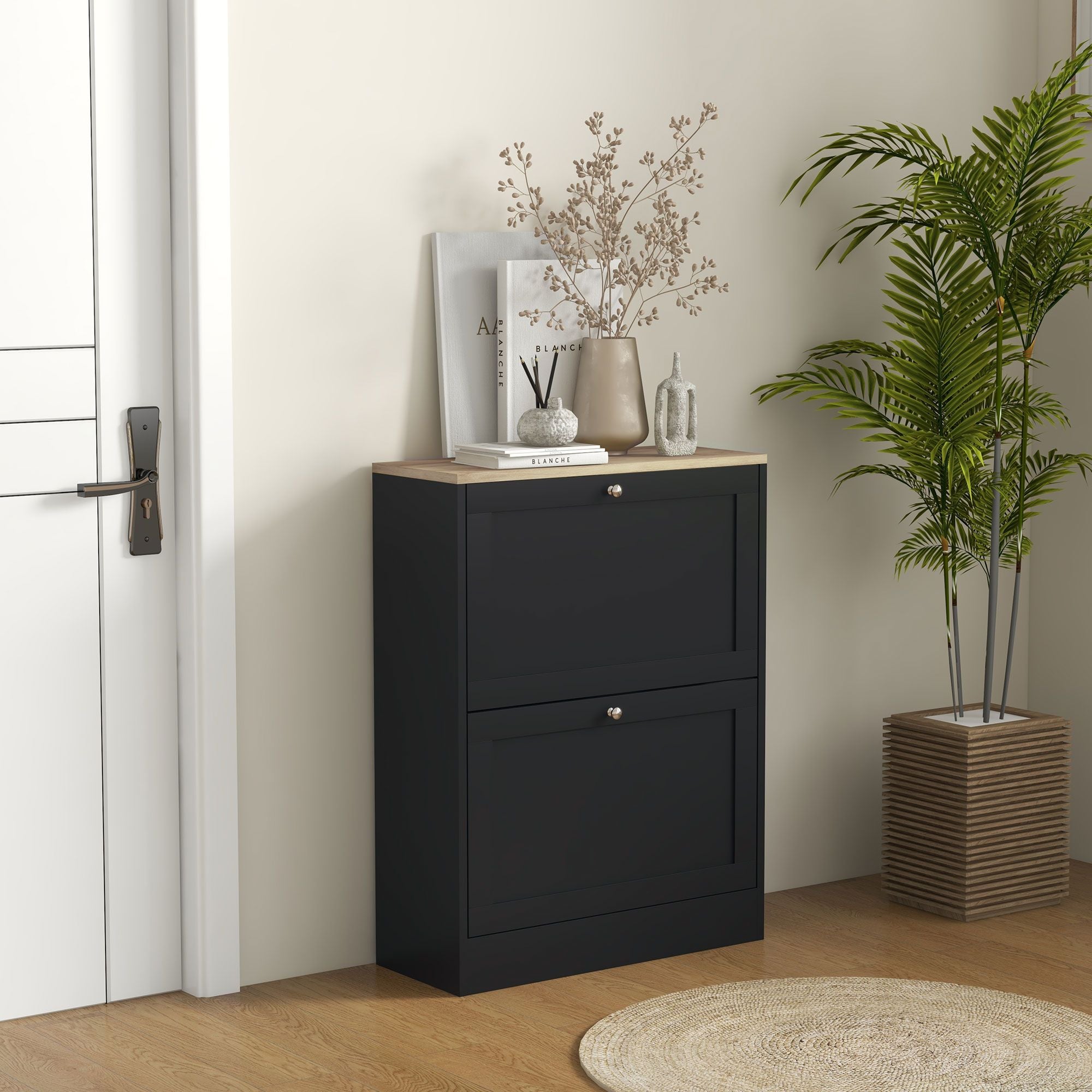 HOMCOM Slim Shoe Cabinet with 2 Flip Drawers, Black & Light Oak