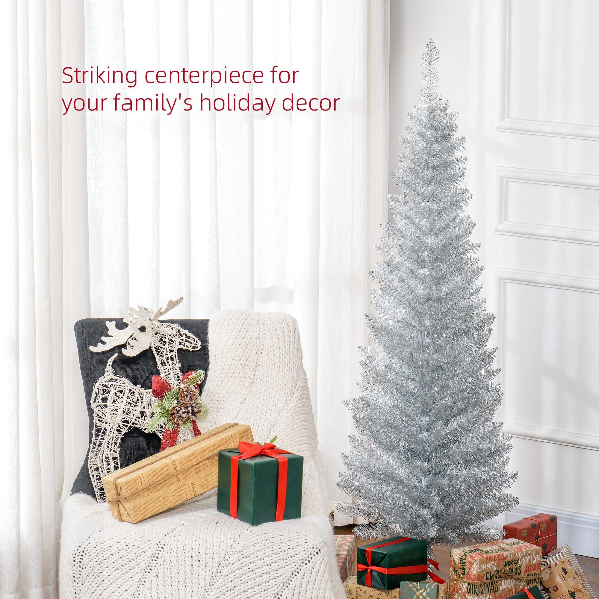 HOMCOM 5 ft Pre-Lit Slim Pencil Artificial Christmas Tree