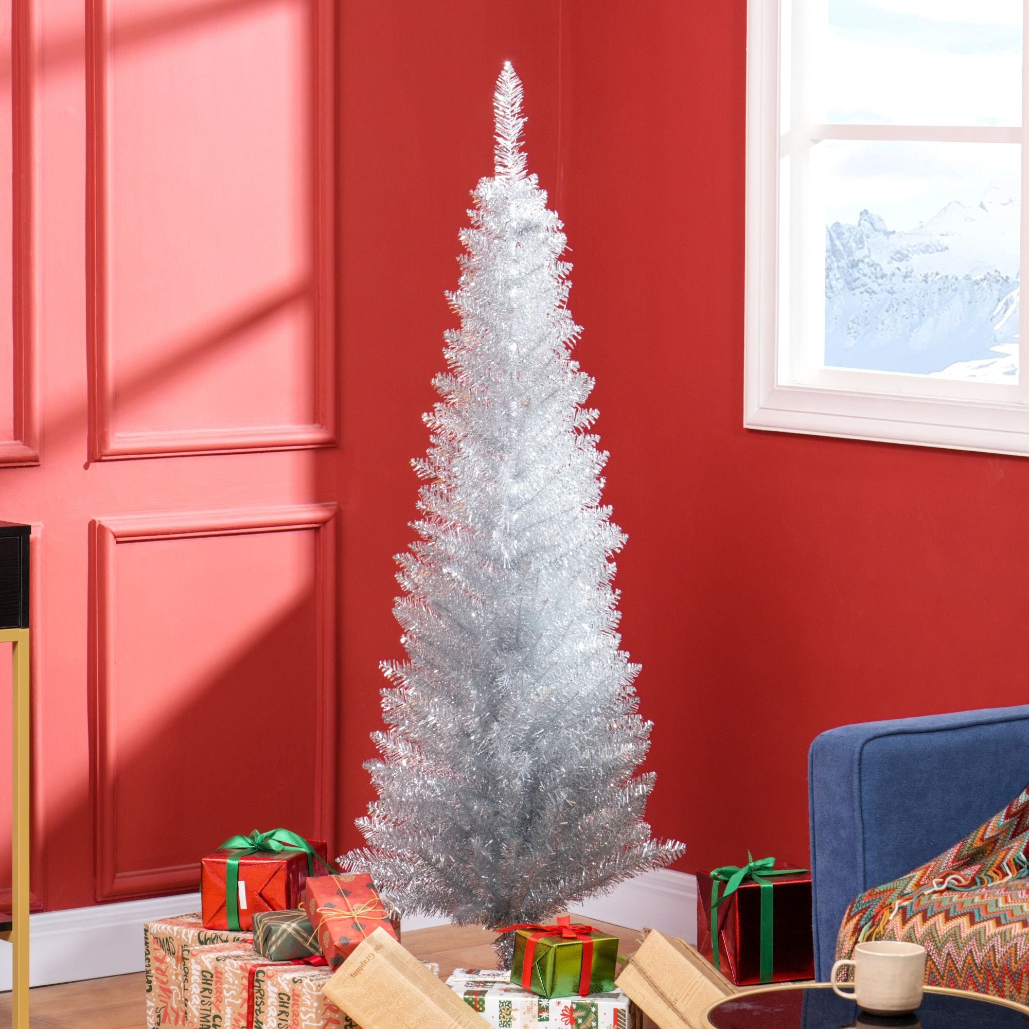 HOMCOM 5 ft Pre-Lit Slim Pencil Artificial Christmas Tree