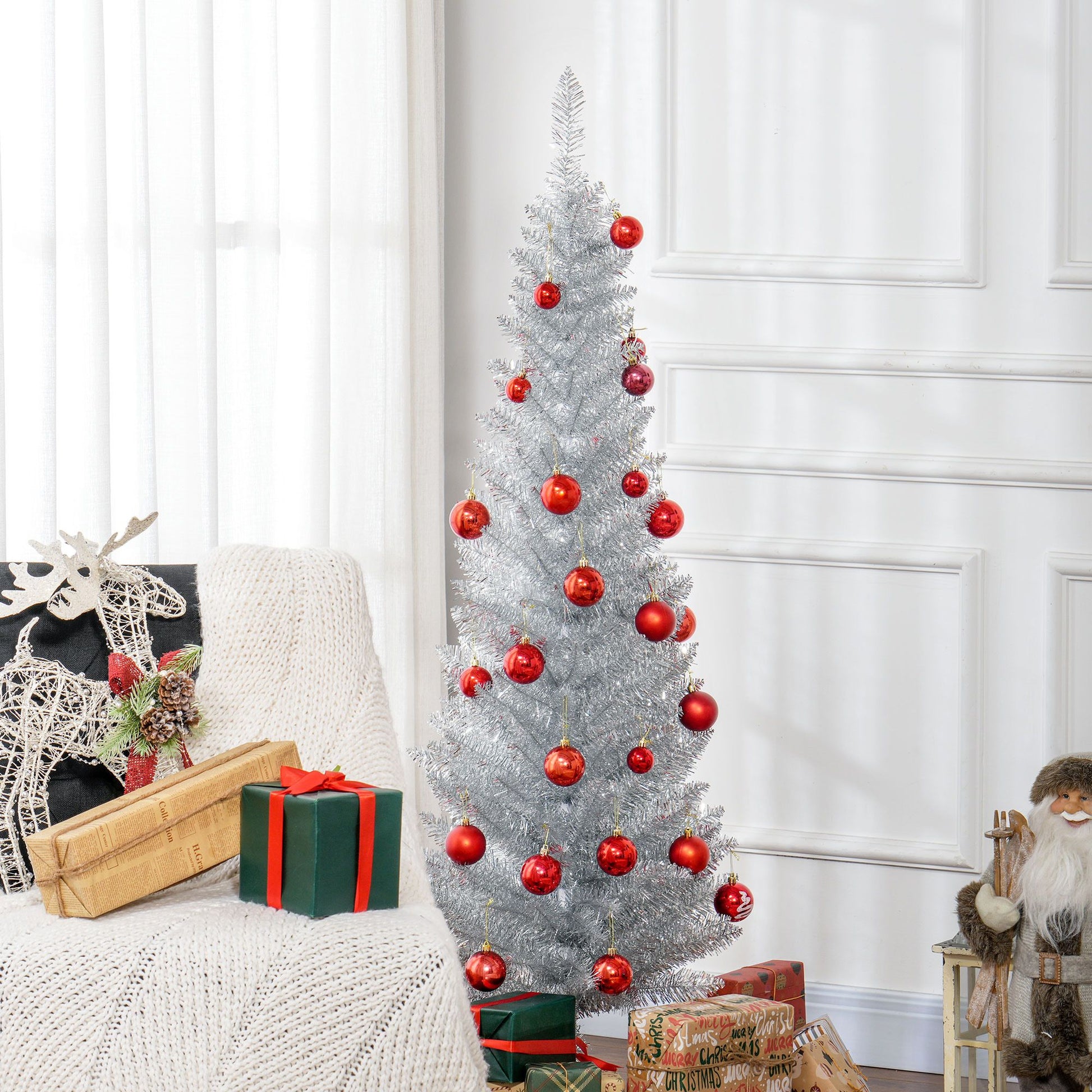 HOMCOM 5 ft Pre-Lit Slim Pencil Artificial Christmas Tree