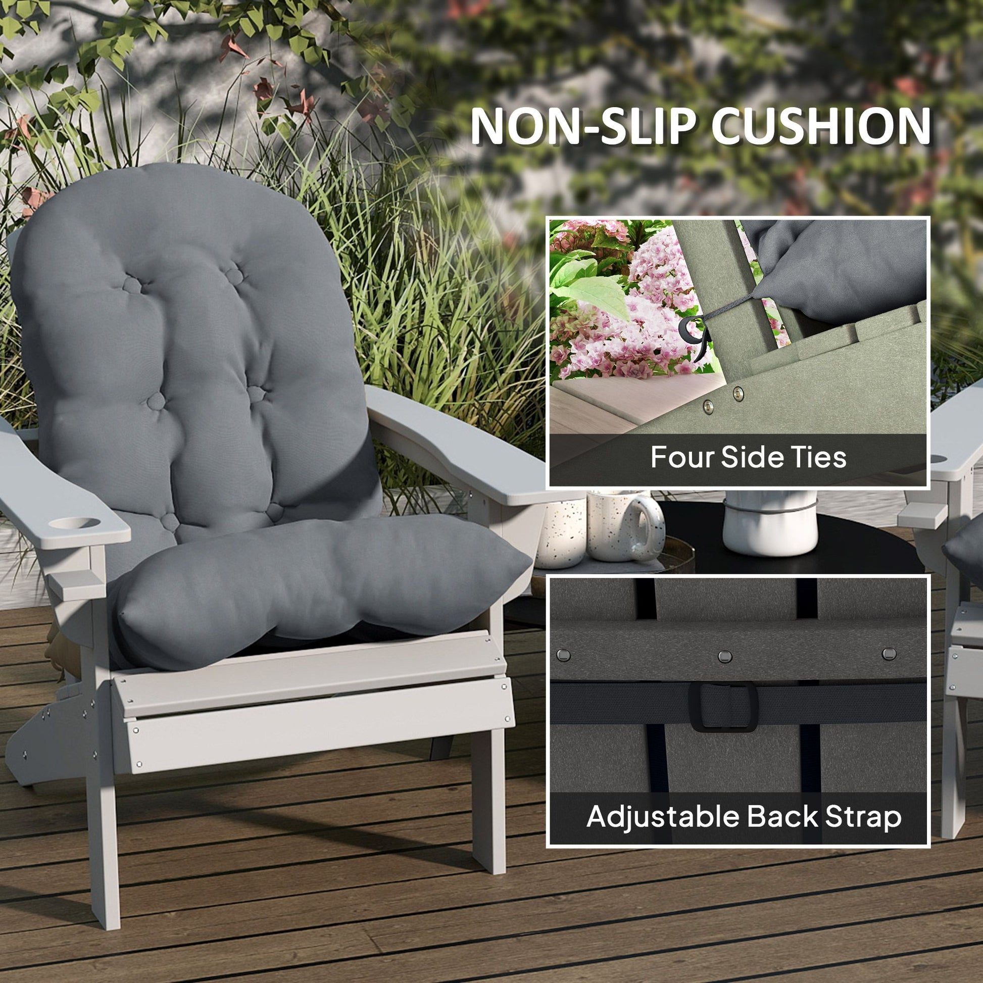 Outsunny Adirondack Chair Cushions Set of 2 with Ties, Gray