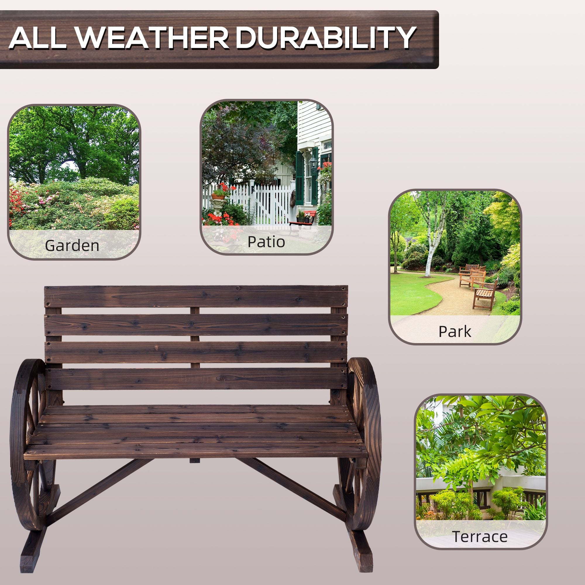 Outsunny Rustic Wagon Wheel 2-Person Garden Bench, Carbonized