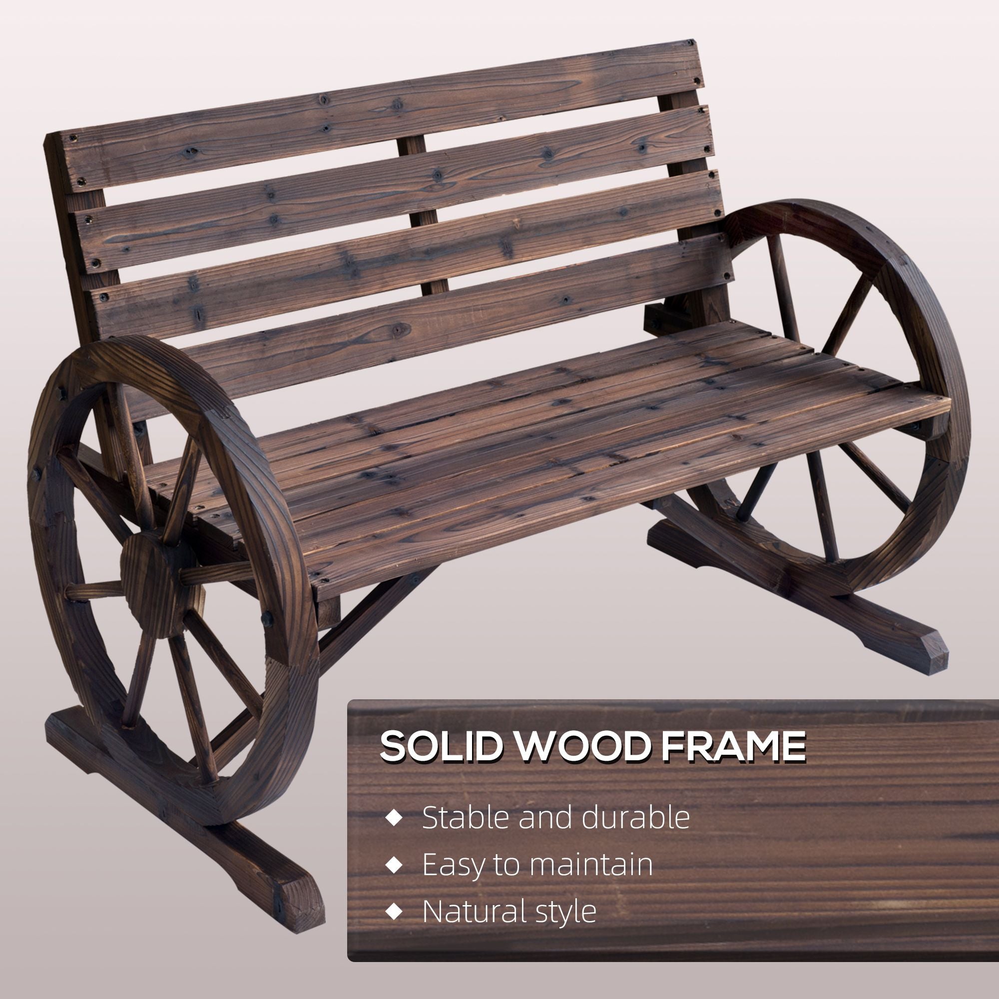 Outsunny Rustic Wagon Wheel 2-Person Garden Bench, Carbonized