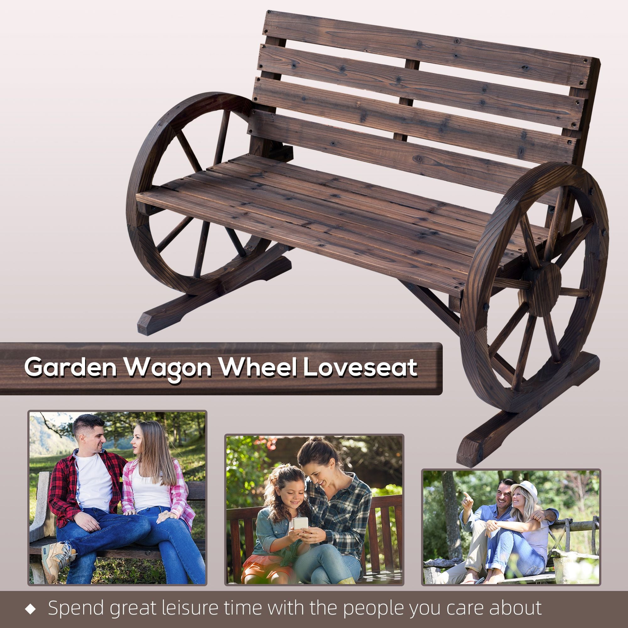 Outsunny Rustic Wagon Wheel 2-Person Garden Bench, Carbonized