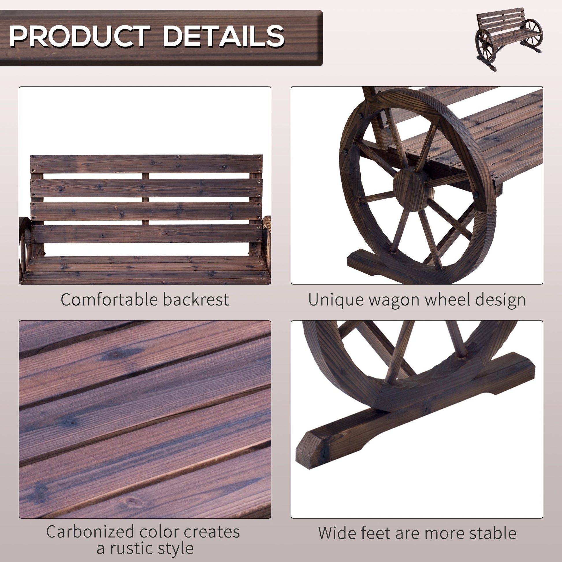 Outsunny Rustic Wagon Wheel 2-Person Garden Bench, Carbonized