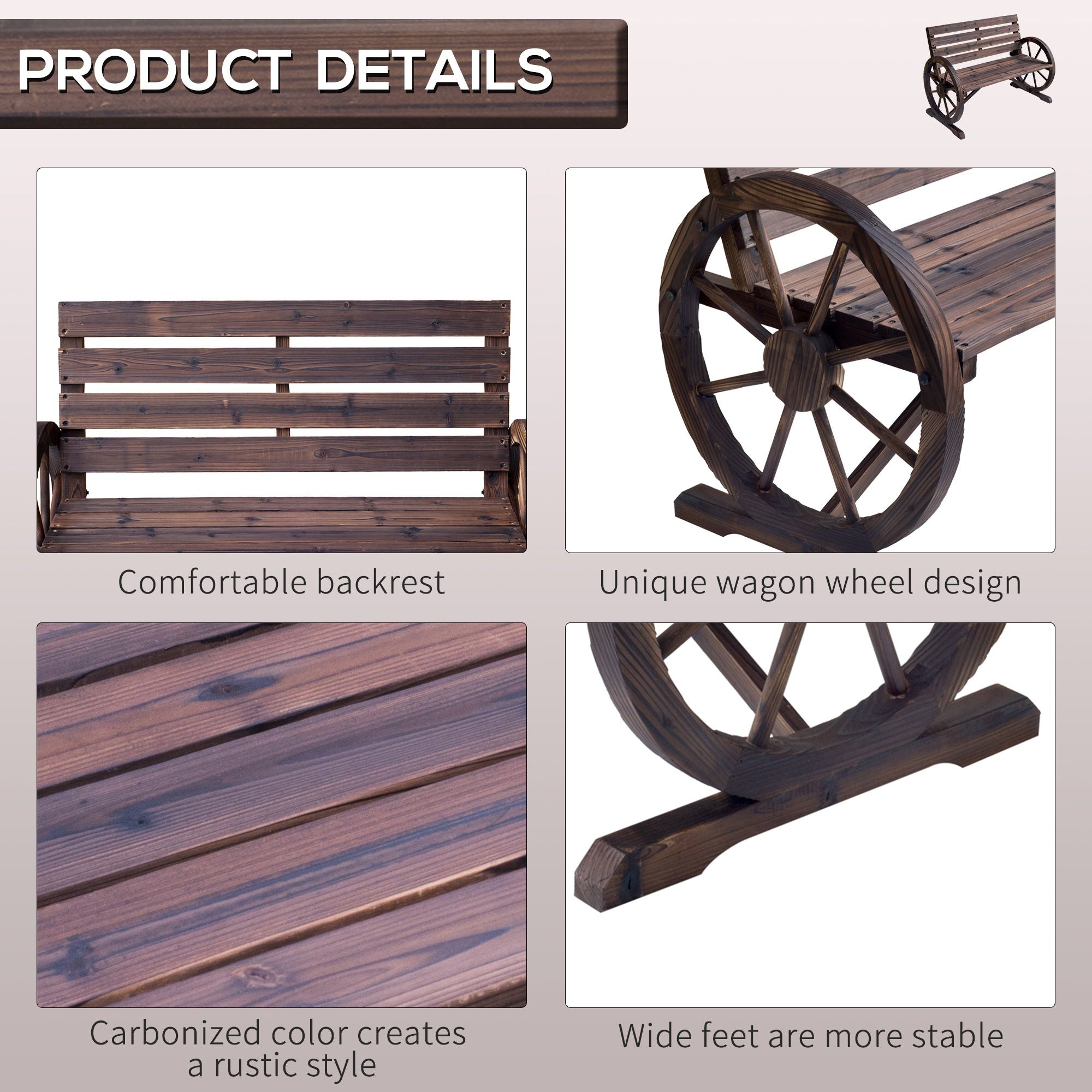 Outsunny Rustic Wagon Wheel 2-Person Garden Bench, Carbonized