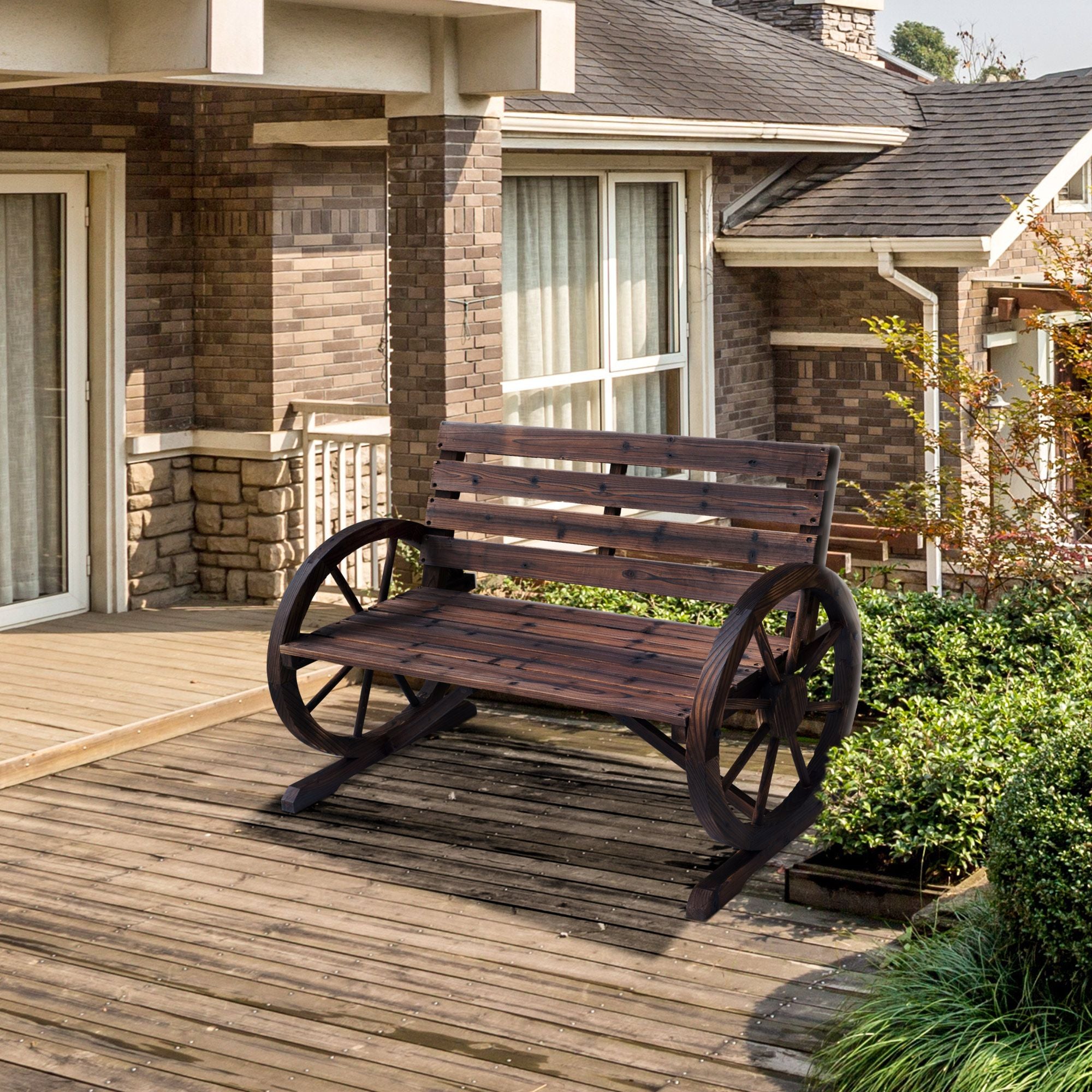 Outsunny Rustic Wagon Wheel 2-Person Garden Bench, Carbonized