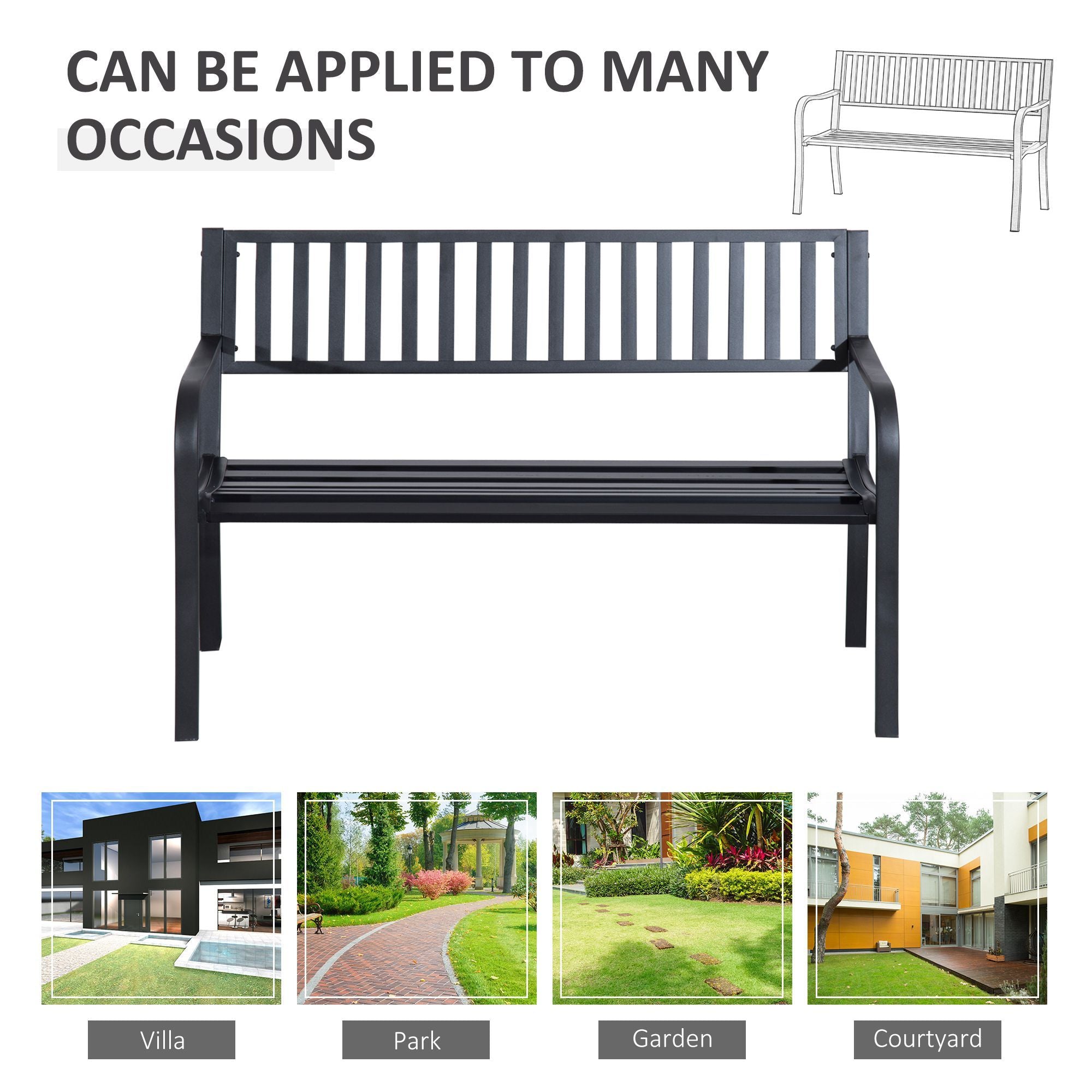 Outsunny 2-Person Metal Patio Bench with Slatted Seat, Black