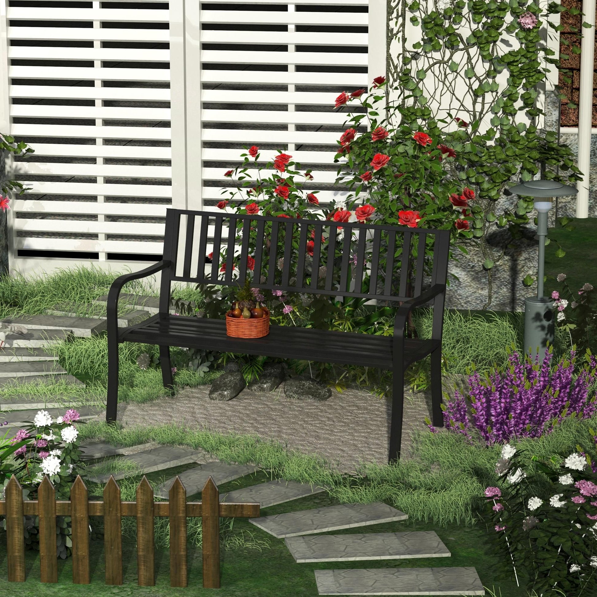 Outsunny 2-Person Metal Patio Bench with Slatted Seat, Black