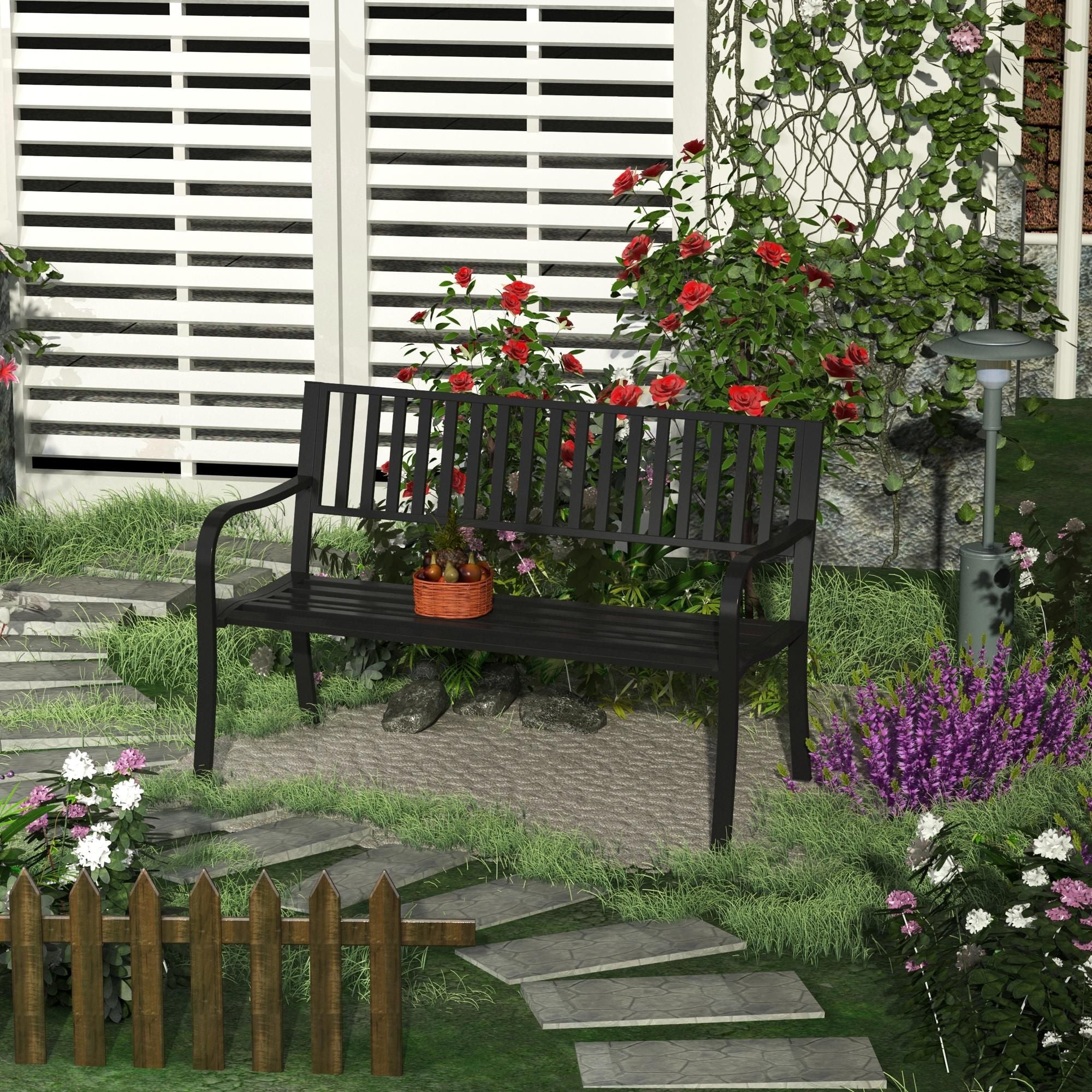 Outsunny 2-Person Metal Patio Bench with Slatted Seat, Black