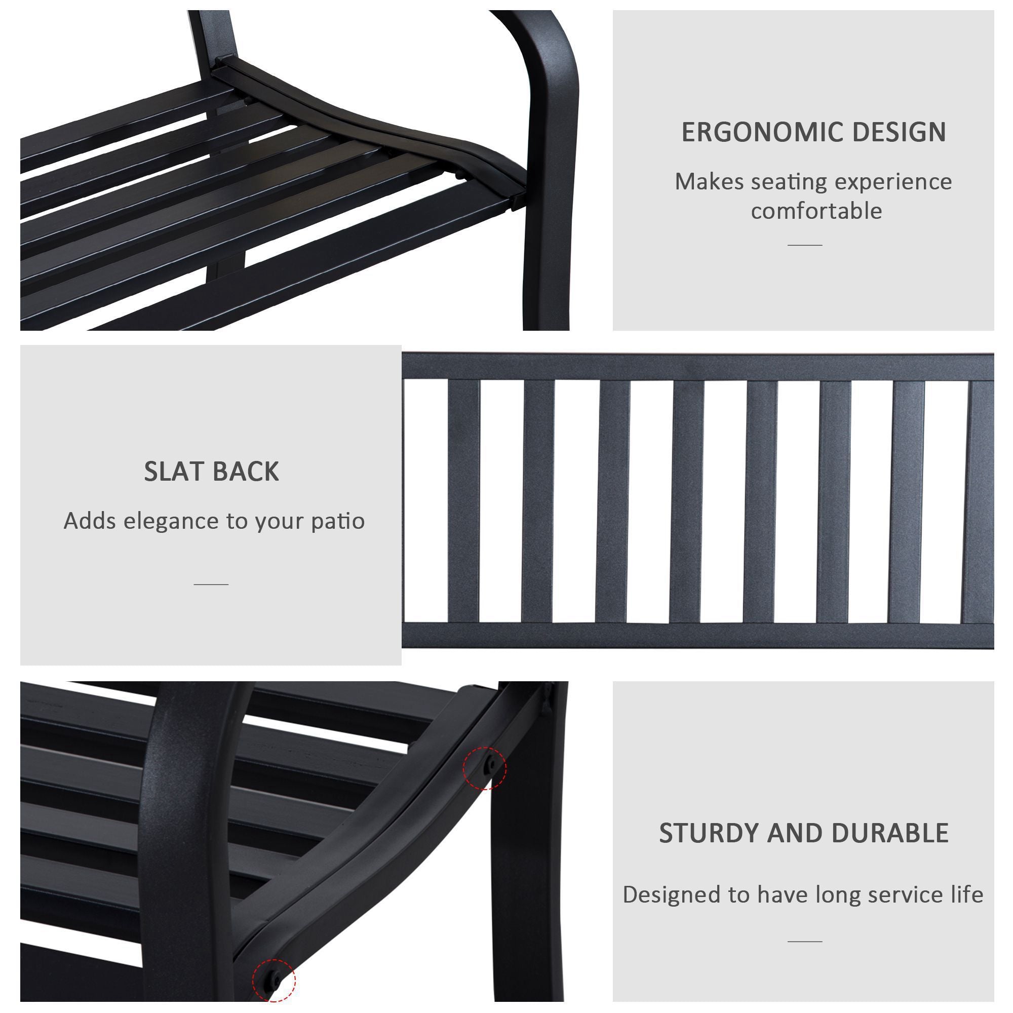 Outsunny 2-Person Metal Patio Bench with Slatted Seat, Black
