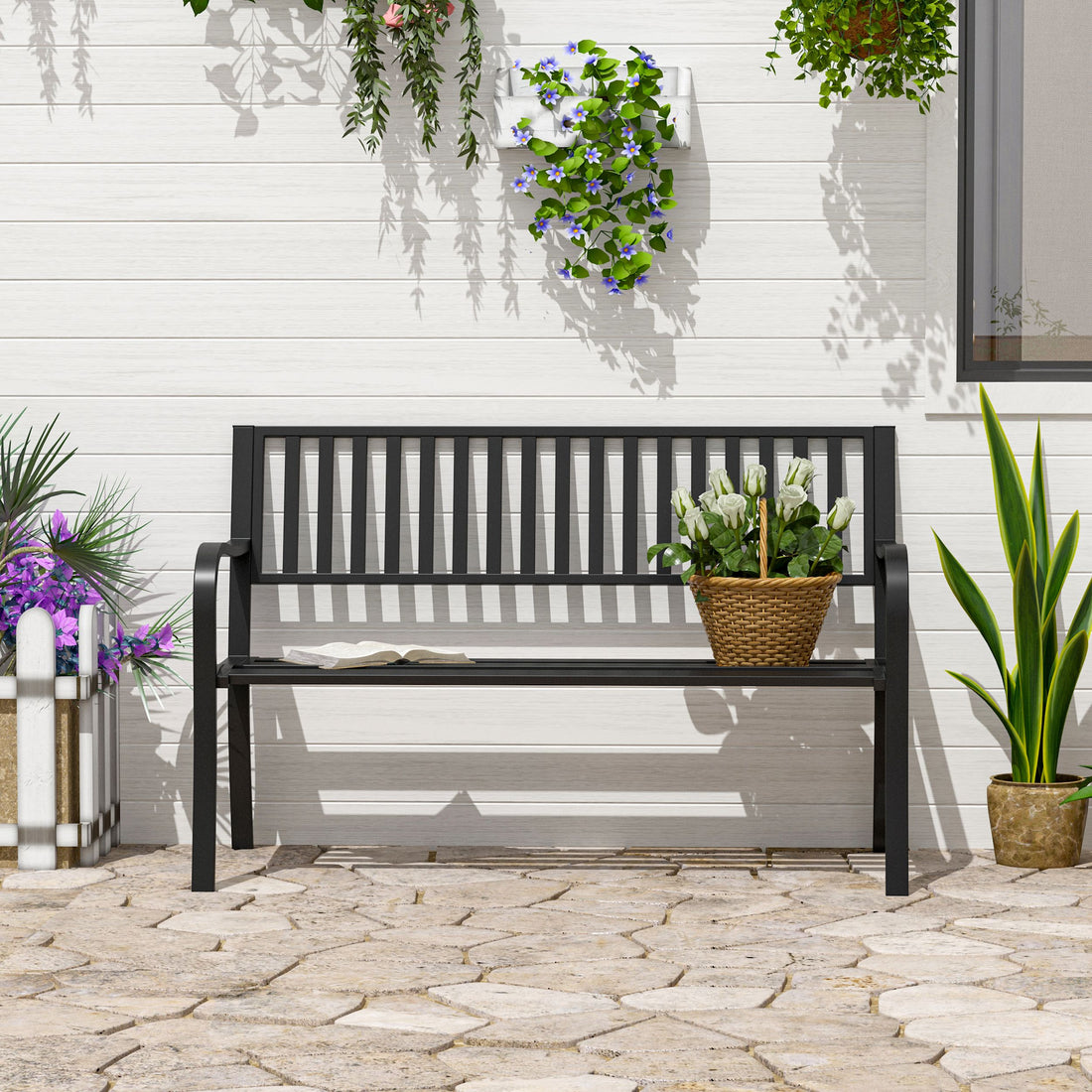Outsunny 2-Person Metal Patio Bench with Slatted Seat, Black