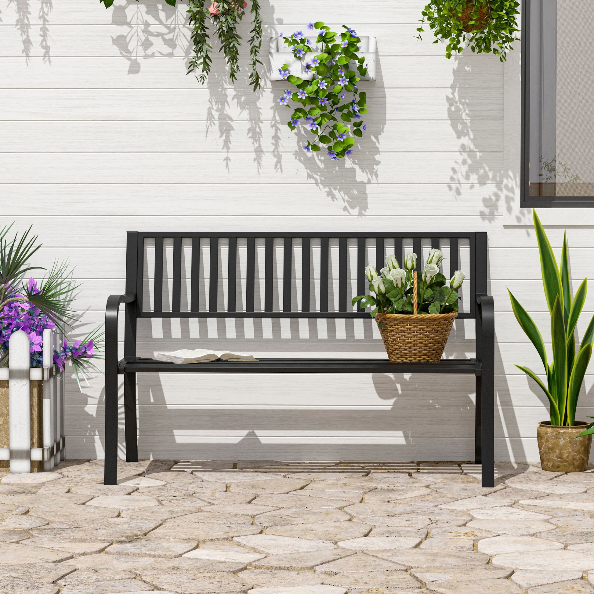 Outsunny 2-Person Metal Patio Bench with Slatted Seat, Black