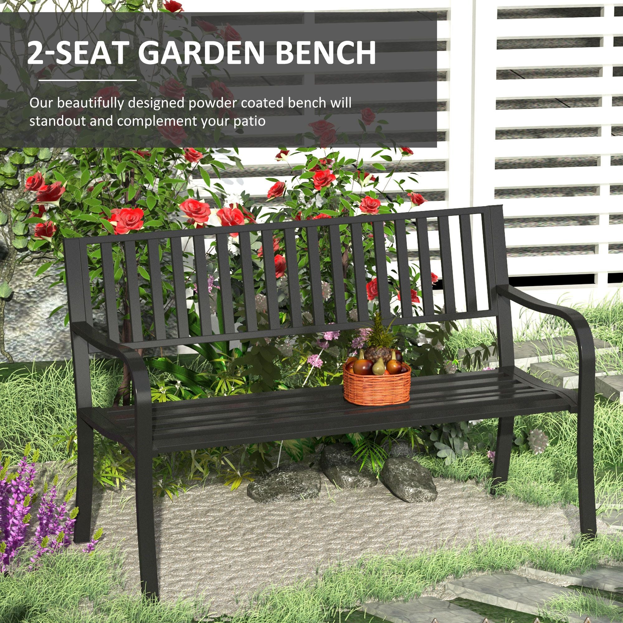 Outsunny 2-Person Metal Patio Bench with Slatted Seat, Black