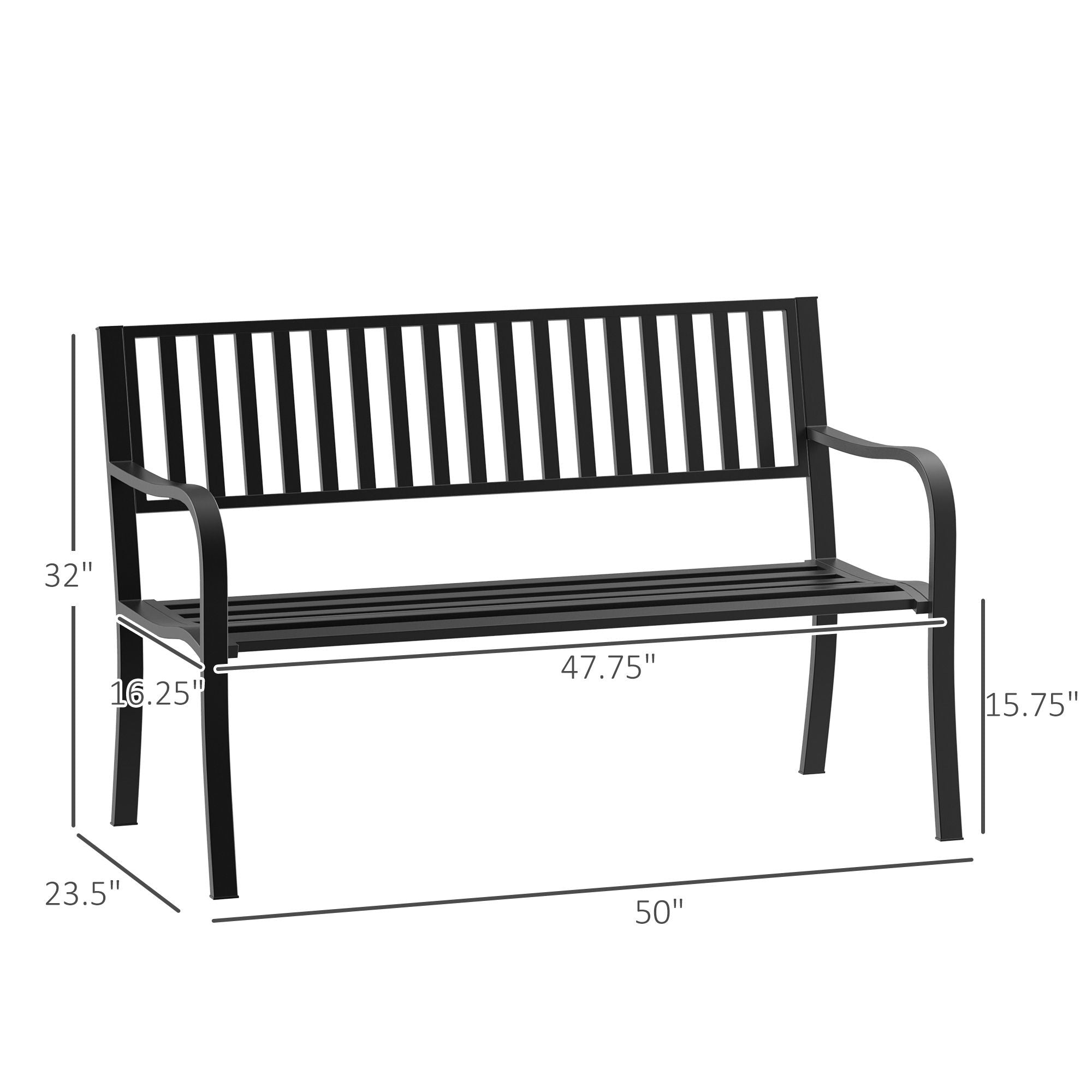 Outsunny 2-Person Metal Patio Bench with Slatted Seat, Black