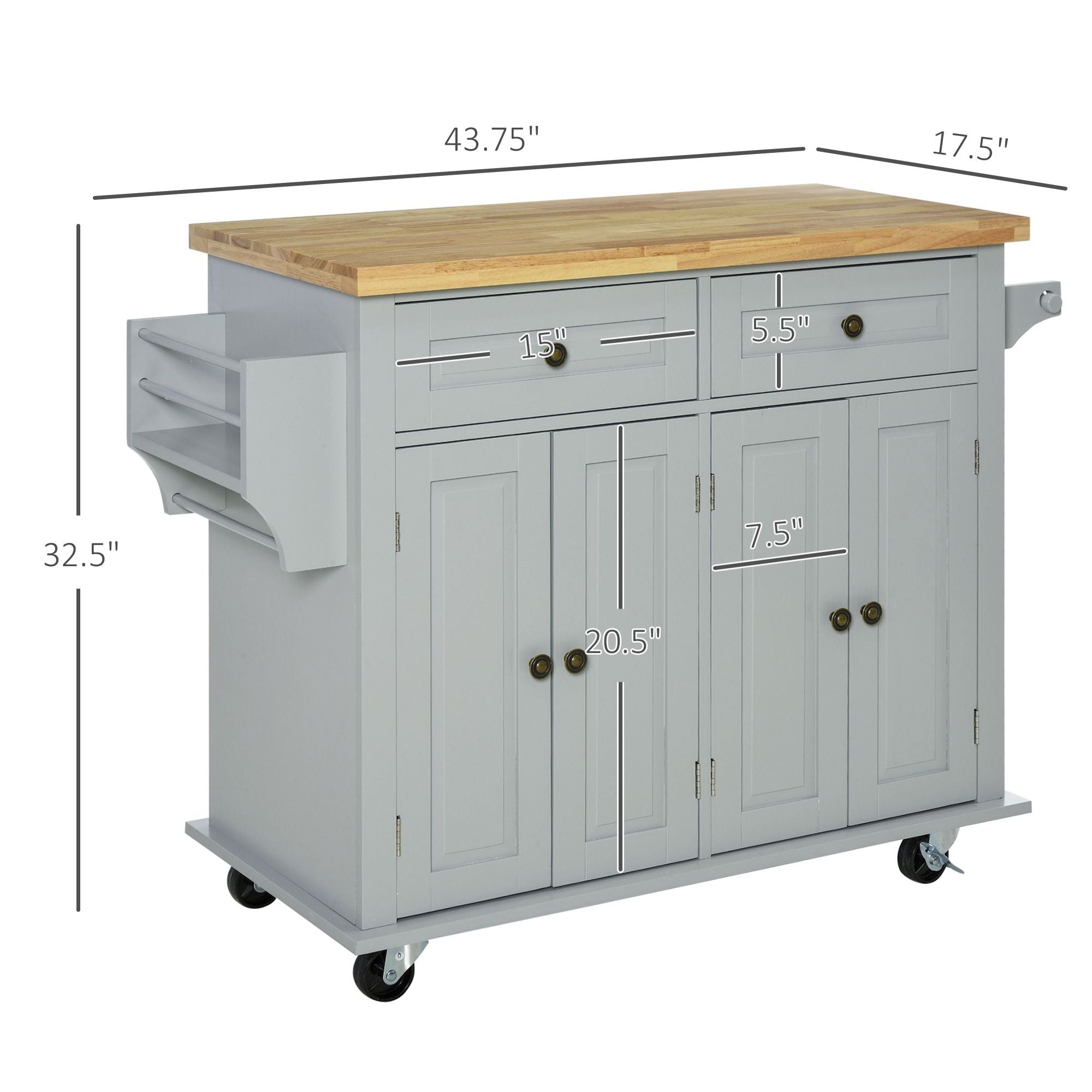HOMCOM Rolling Kitchen Island Cart with Rubber Wood Top, Gray