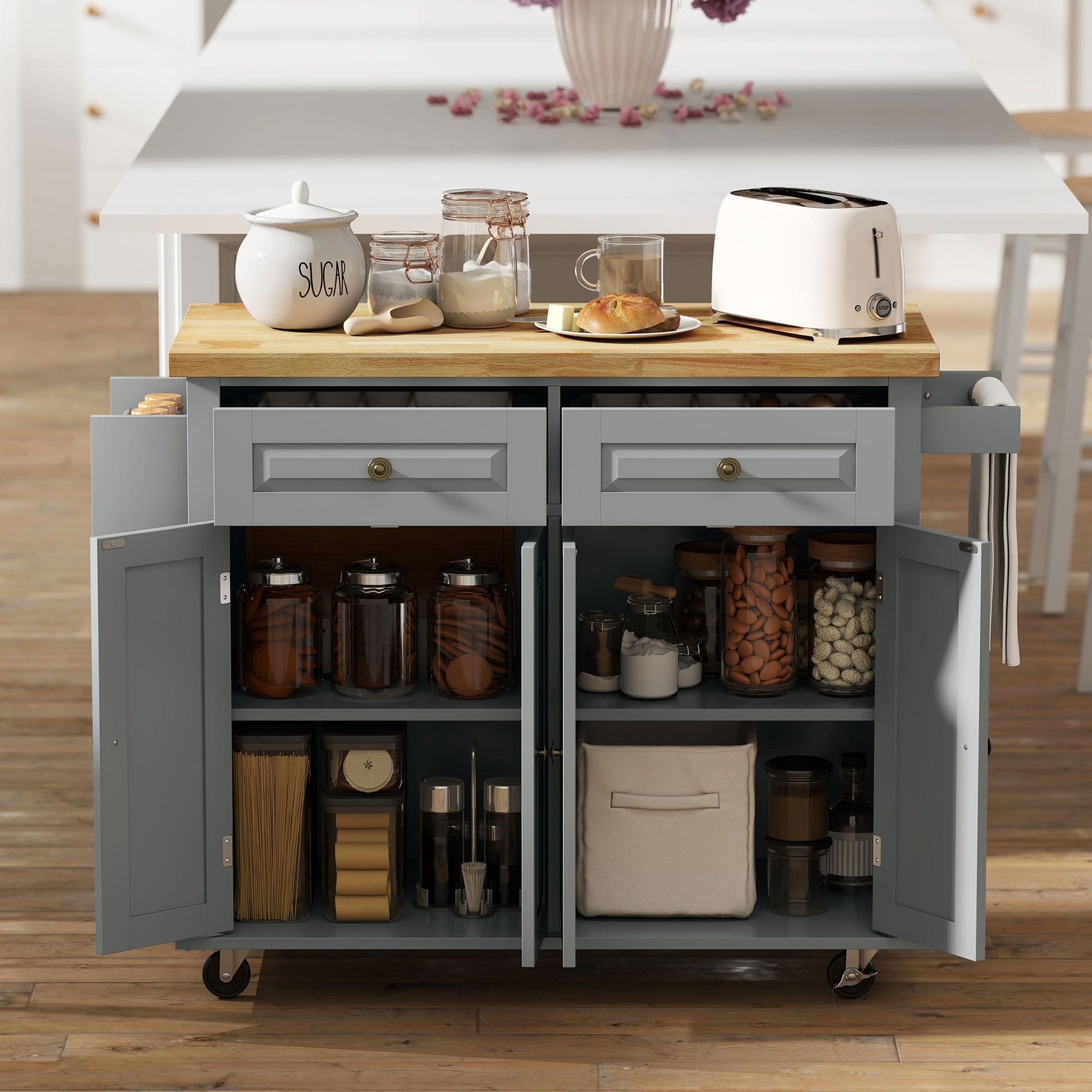 HOMCOM Rolling Kitchen Island Cart with Rubber Wood Top, Gray