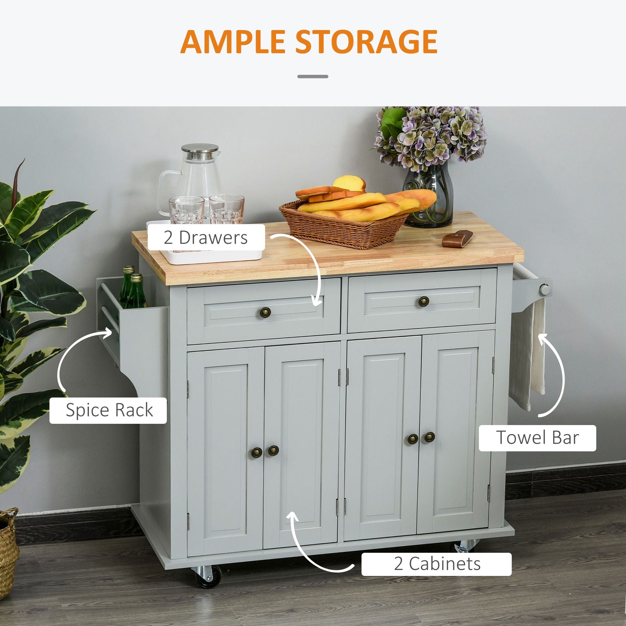 HOMCOM Rolling Kitchen Island Cart with Rubber Wood Top, Gray