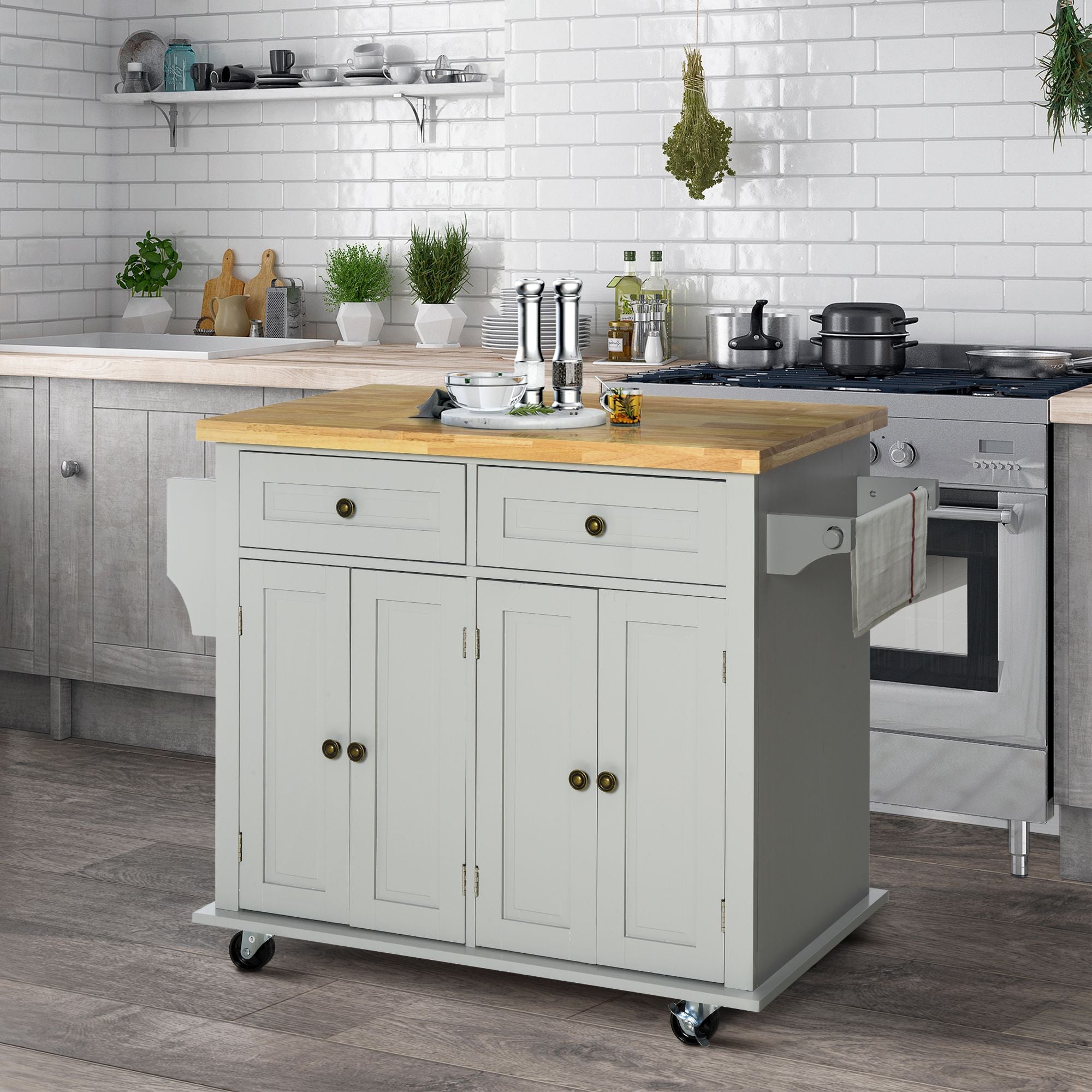 HOMCOM Rolling Kitchen Island Cart with Rubber Wood Top, Gray