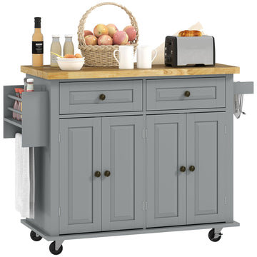 HOMCOM Rolling Kitchen Island Cart with Rubber Wood Top, Gray