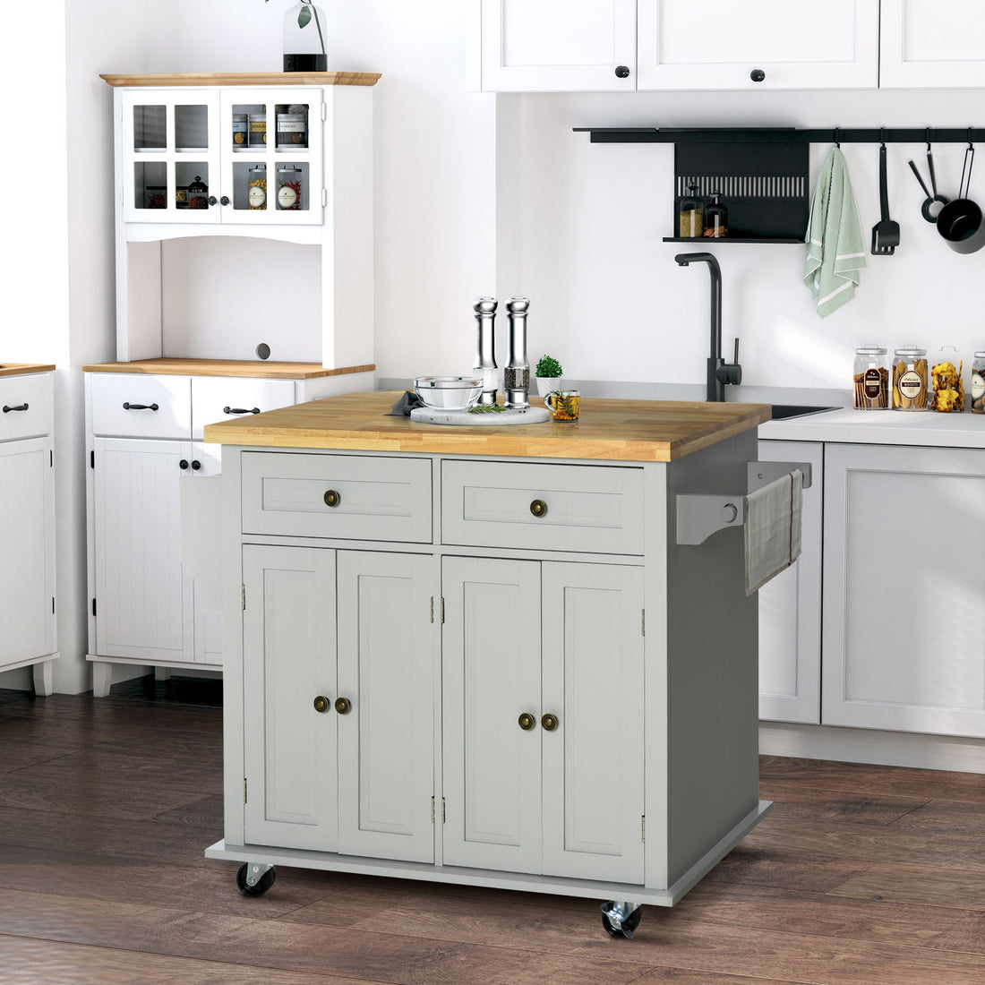 HOMCOM Rolling Kitchen Island Cart with Rubber Wood Top, Gray