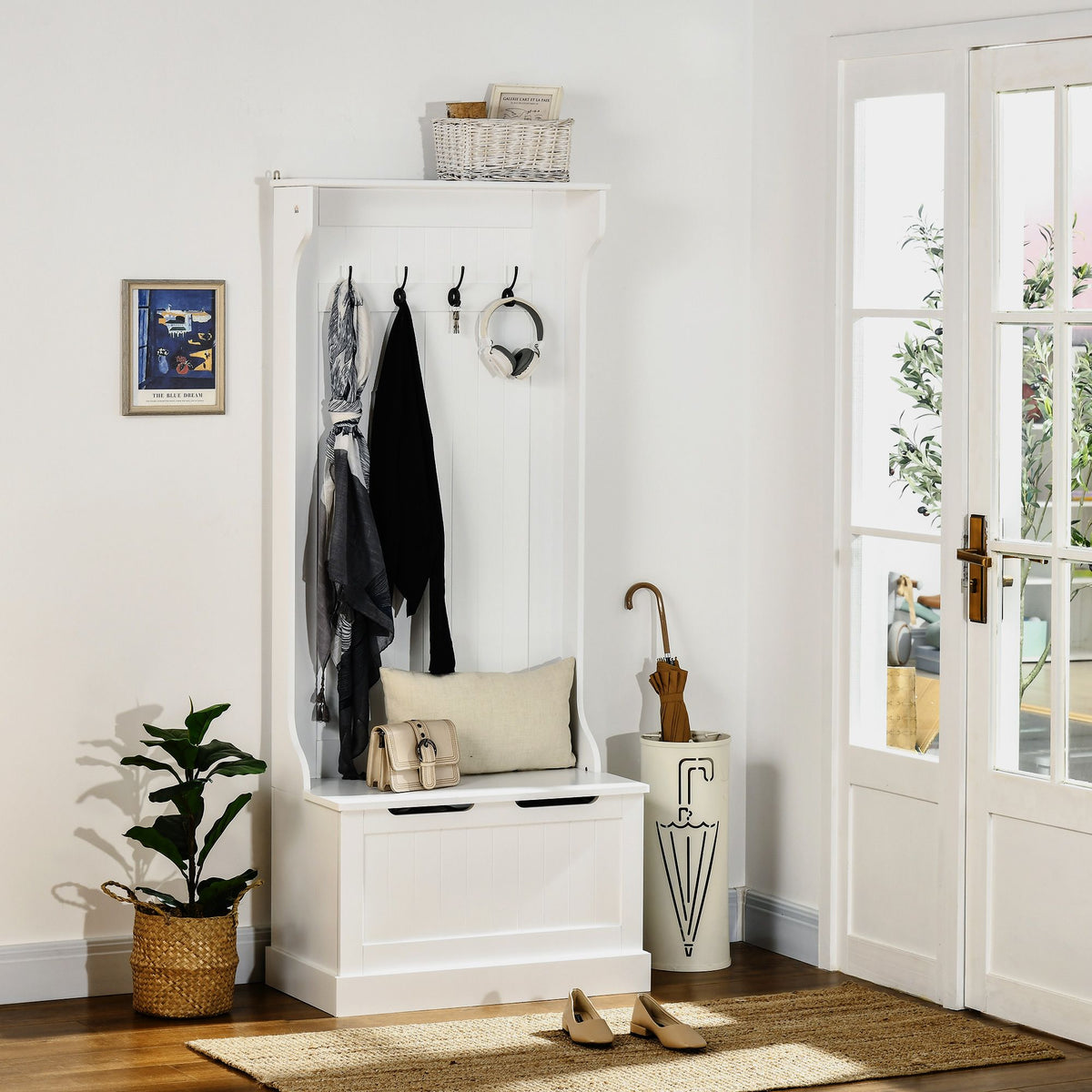 Entryway Hall Tree with Coat Rack, Sitting Bench, Storage, and Hooks, Mudroom Bench, White - product view 10