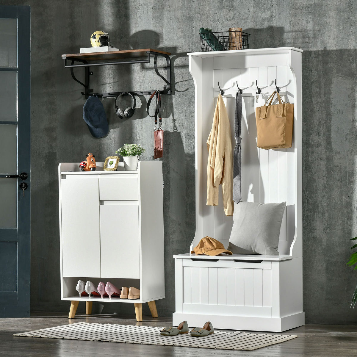 Entryway Hall Tree with Coat Rack, Sitting Bench, Storage, and Hooks, Mudroom Bench, White - product view 2