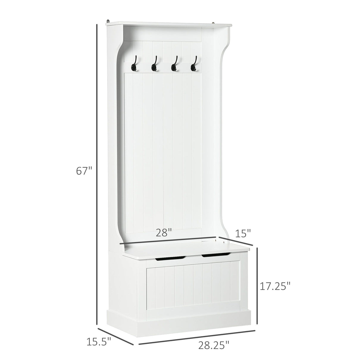 Entryway Hall Tree with Coat Rack, Sitting Bench, Storage, and Hooks, Mudroom Bench, White - product view 3